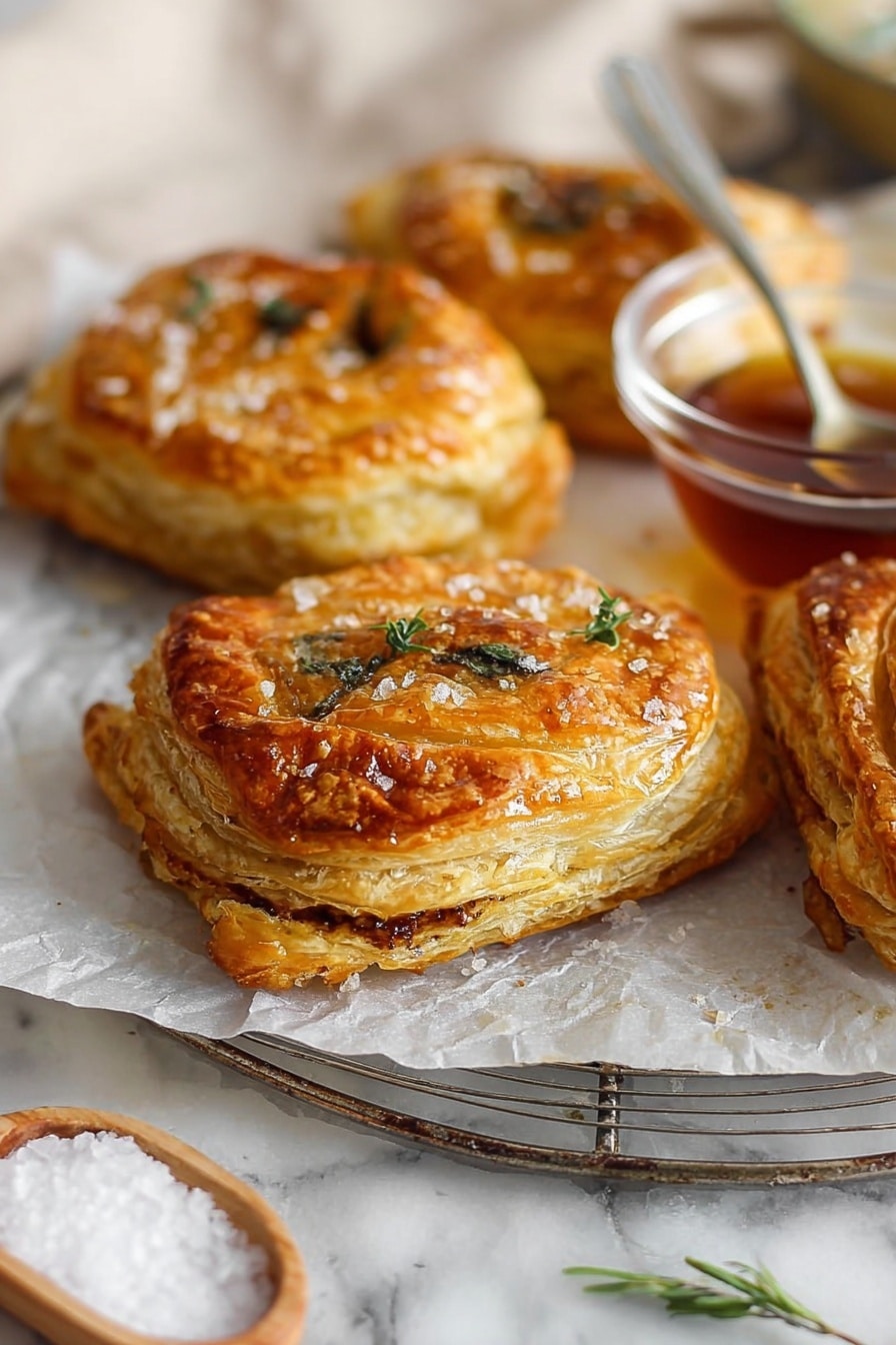 The image shows two golden brown puff pastries on a white marbled surface. One pastry is whole with a crispy, flaky texture and sprinkled with coarse salt and black pepper on top. The other pastry is placed on the whole one and broken open, revealing three thin layers of light golden, airy puff pastry filled with a green mixture of cooked spinach and creamy cheese inside. In the background, two more pastries are blurred out, laid on the same white marbled surface. A small sprig of fresh thyme is visible near the pastries. Photo taken with an iphone --ar 2:3 --v 7 - Vegan Caramelized Onion Spinach Puff Pastry, vegan savory pastry, caramelized onion spinach tart, vegan puff pastry ideas, spinach and onion vegan tart