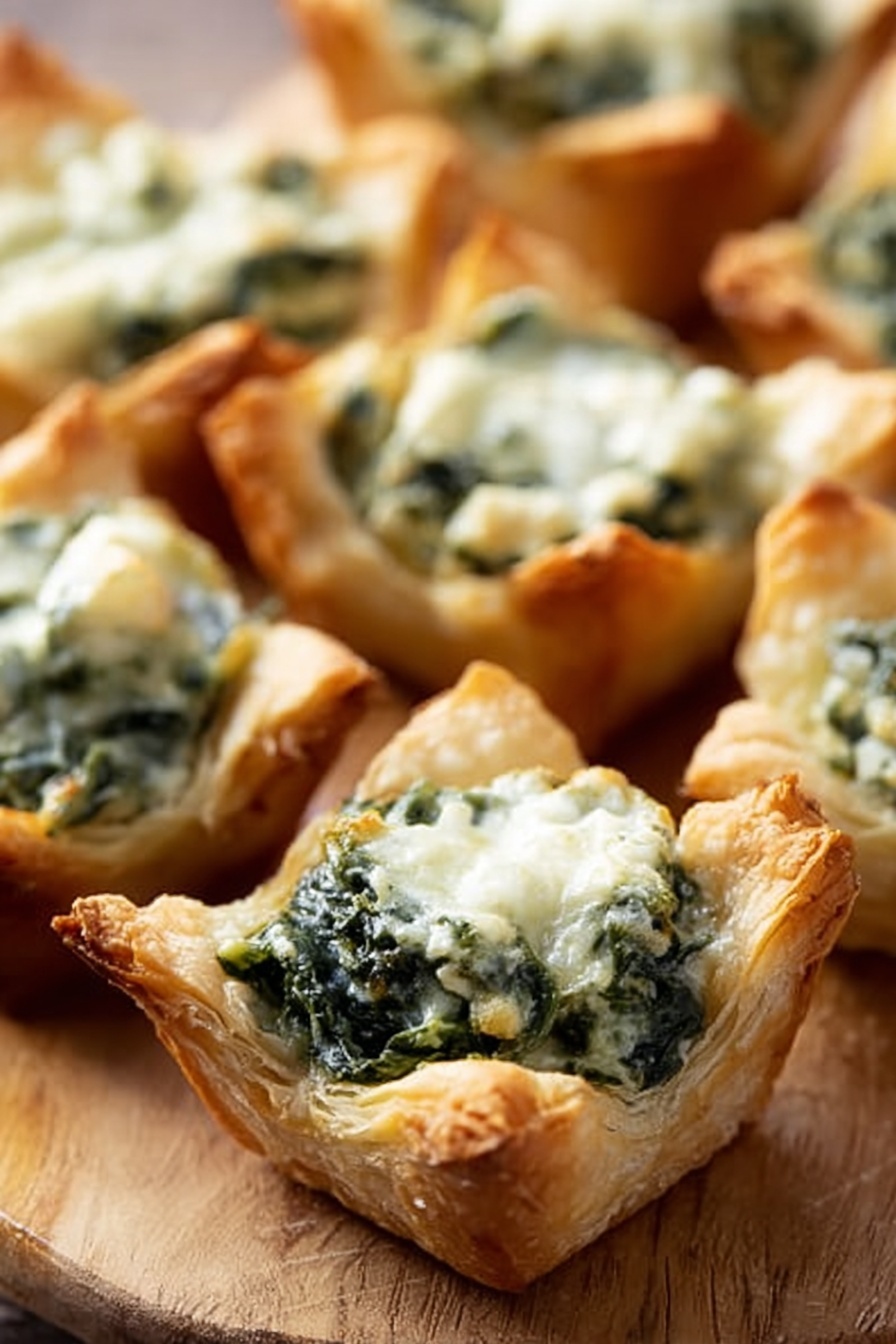 A woman's hand is holding a small tart with a golden brown, flaky crust that curves slightly outward at the edges. Inside the tart, there is a thick layer of creamy white cheese mixed with finely chopped green herbs, giving a textured and fresh look. In the background, more of these tarts are spread out, slightly blurred, resting on a white marbled surface. The image is close up, focusing on the detailed filling and crust texture, with soft natural lighting highlighting the colors. photo taken with an iphone --ar 2:3 --v 7 - Spinach Artichoke Bites, Spinach Artichoke Appetizer, Easy party snacks, Cheesy crescent bites, Quick finger foods