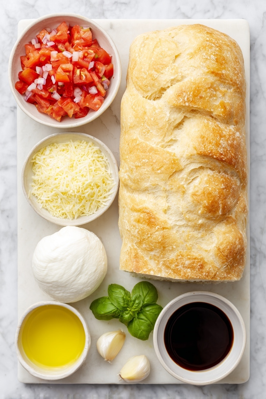 Flat lay of a small crusty loaf of ciabatta bread with a golden-brown crust sliced into thick pieces, a ball of fresh white mozzarella cheese with smooth texture, a small mound of finely grated pale yellow Parmesan cheese on a white ceramic plate, a handful of vibrant red diced tomatoes in a white ceramic bowl, a small portion of finely chopped deep purple-red onion in a white ceramic bowl, a few bright green fresh basil leaves loosely piled, a single peeled garlic clove with smooth white skin, a small white bowl filled with golden extra virgin olive oil, and a small white bowl containing glossy dark brown balsamic glaze, all arranged symmetrically on a clean white marble surface, soft natural light, photo taken with an iPhone, professional food photography style, fresh ingredients, white ceramic bowls, no bottles, no duplicates, no utensils, no packaging --ar 2:3 --v 7 --p m7354615311229779997 - Bruschetta Grilled Cheese Sandwiches, Italian-inspired grilled cheese, easy bruschetta sandwich recipe, crispy ciabatta grilled cheese, tomato basil grilled cheese