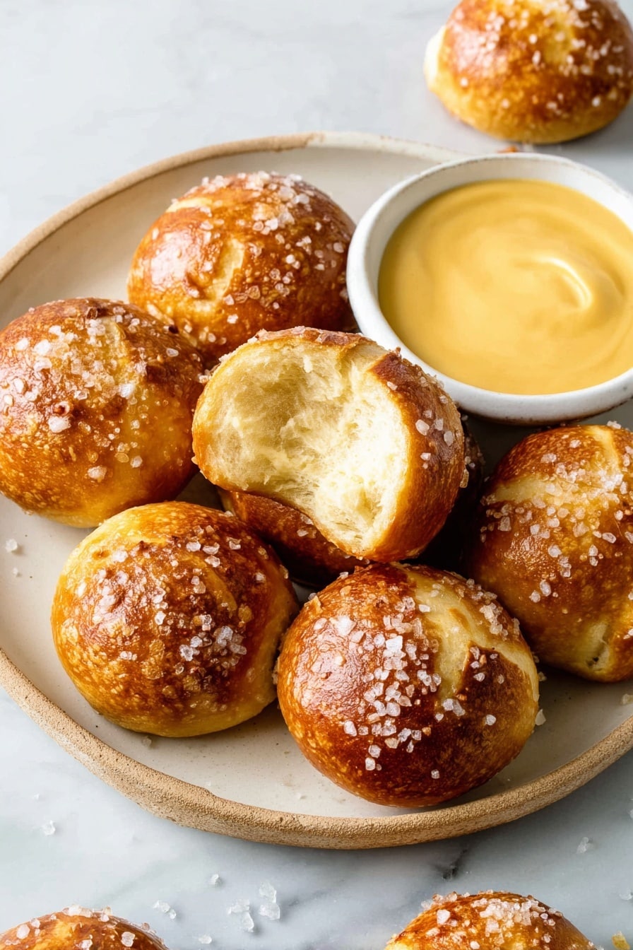A white round plate with seven small, round pretzel bites that are golden brown with a shiny crust sprinkled with coarse salt. One pretzel bite is broken open in the center showing a soft, light yellow inside. Next to the pretzels, on the right side of the plate, there is a small white bowl filled with smooth, creamy yellow mustard. The plate is placed on a white marbled surface, and a few more pretzel bites are scattered around the plate. Photo taken with an iphone --ar 2:3 --v 7 - Cheddar Cheese Pretzel Bites, homemade pretzel bites with cheddar, cheesy pretzel snacks, soft pretzel bites recipe, savory cheese pretzels