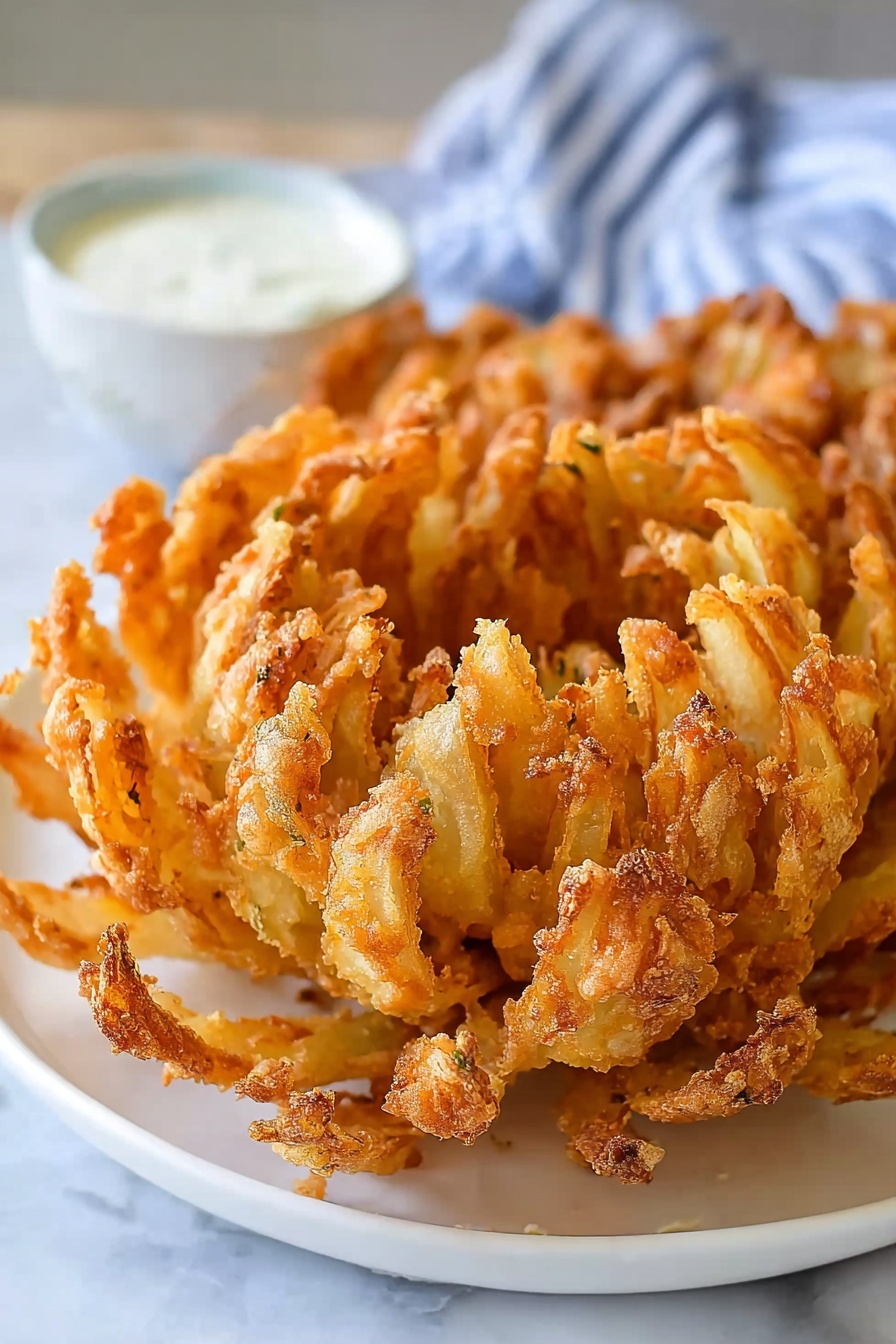 The image shows a close-up view of a golden brown fried blooming onion on a white plate. The onion is cut into many thick petal-like pieces that fan out, with each petal coated in a crispy, crunchy textured batter showing small bits and an uneven surface. The center of the onion is tightly layered with the petals gradually opening outward, giving a flower-like shape. In the background, there is a small white bowl with a creamy white dipping sauce. The setting is on a white marbled surface with a soft blue and white striped cloth blurred behind. Photo taken with an iphone --ar 2:3 --v 7 - Homemade Blooming Onion with Dip,Blooming Onion recipe, Crispy onion appetizer, Steakhouse-style onion petals, Easy party appetizer with dip