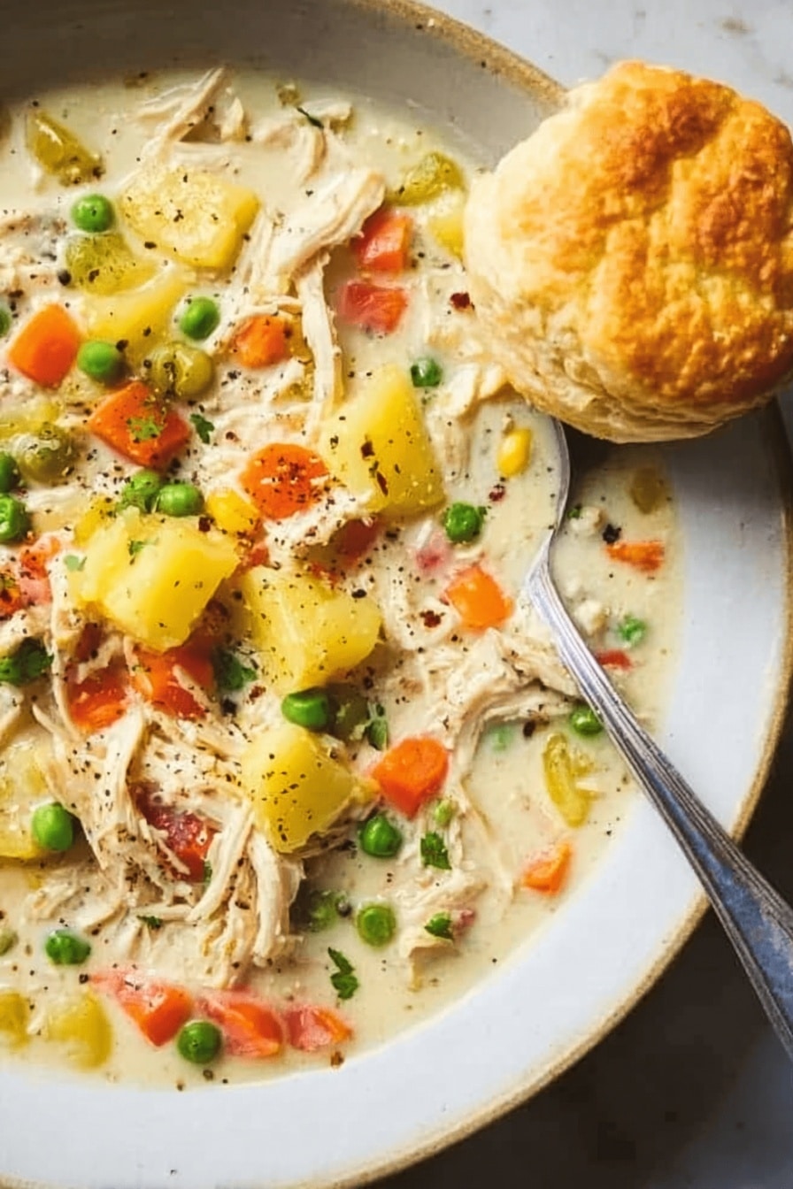 The image shows a white plate on a white marbled surface filled with a creamy soup. The soup has shredded chicken pieces mixed with bright orange carrot cubes, yellow potato chunks, and green peas scattered throughout. On the side of the plate, there is a golden-brown biscuit with a slightly cracked top, sitting close to the soup. A silver spoon is placed inside the soup near the edge of the plate, and some black pepper is sprinkled on top of the soup for garnish. photo taken with an iphone --ar 2:3 --v 7 - Slow Cooker Chicken Pot Pie Soup, chicken pot pie soup, easy slow cooker soup, cozy chicken soup recipes, hearty chicken dinner ideas