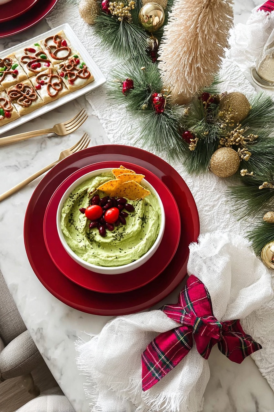 A white bowl filled with a creamy green dip topped with a few golden tortilla chips placed in the center; around the chips, there are several small bright red cherry tomatoes and scattered dark red pomegranate seeds on the green base; the dip texture looks smooth with some swirled areas. Next to the bowl is a place setting with two stacked red plates, a white napkin with frayed edges wrapped by a red and pink plaid fabric ring laying on the plates, and a gold fork to the left of the plates. The table has a white marbled surface with a white cloth runner adorned with green pine branches and red berries, and decorative golden balls are placed along the runner. In the background, a white plate holds square treats decorated with pretzels and red candies. A cream-colored bottle brush tree stands near the center. Photo taken with an iphone --ar 2:3 --v 7 - Festive Guacamole with Pomegranate & Tomatoes, holiday guacamole, colorful party dip, easy holiday appetizer, quick festive salsa
