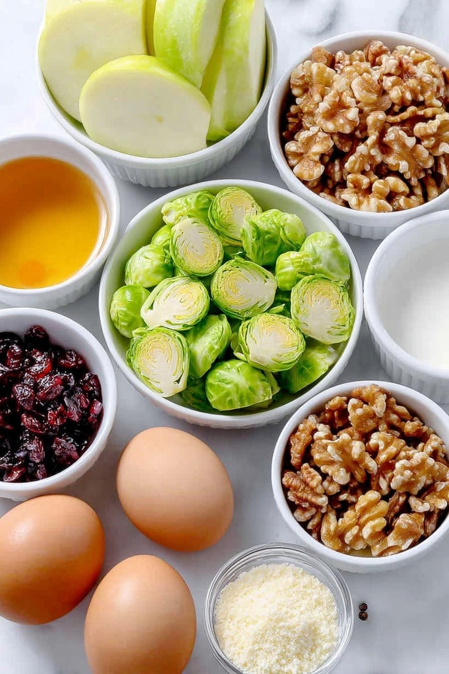 Flat lay of thinly sliced bright green Brussels sprouts, a crisp green Granny Smith apple sliced into matchstick pieces, a small pile of thinly sliced green onion rounds, a handful of plump dried cranberries, chopped toasted walnuts with rich browns and golden hues, a small white ceramic bowl with pale amber apple cider vinegar, a small white ceramic bowl with golden extra virgin olive oil, a small white ceramic bowl with deep amber pure maple syrup, a small white ceramic bowl filled with fine grated off-white Pecorino Romano cheese, two whole eggs with clean brown shells, coarse salt and black peppercorns neatly scattered, all arranged in perfect symmetry on a simple white ceramic plate, placed on a clean white marble surface, soft natural light, photo taken with an iPhone, professional food photography style, fresh ingredients, white ceramic bowls, no bottles, no duplicates, no utensils, no packaging --ar 2:3 --v 7 --p m7354615311229779997 - Brussels Sprouts Apple Cranberry Salad, healthy holiday salad, easy Brussels sprouts salad, fall veggie salad with cranberries, quick festive salad