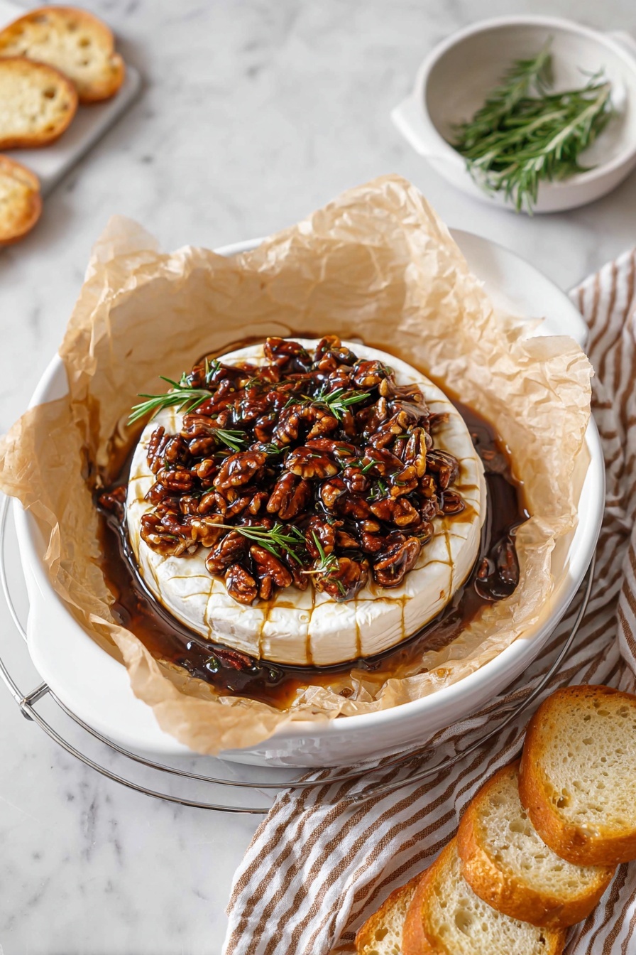 A white round cheese wheel sits in the center of a white round dish lined with crumpled beige parchment paper; the cheese has light grid marks on the top layer. On top of the cheese is a thick layer of toasted pecans, coated in a shiny dark caramel sauce. Small green rosemary leaves are sprinkled over the nuts and cheese, adding color contrast. Dark caramel sauce pools around the base of the cheese on the parchment paper. The dish is placed on a white marbled surface with a striped brown and white cloth to the right and a small white bowl with fresh rosemary sprigs above. Below the dish, three golden toasted slices of bread rest on a metal cooling rack. photo taken with an iphone --ar 2:3 --v 7 - Maple Pecan Baked Brie, easy baked brie appetizer, holiday cheese platter ideas, quick party appetizers, gourmet cheese appetizers