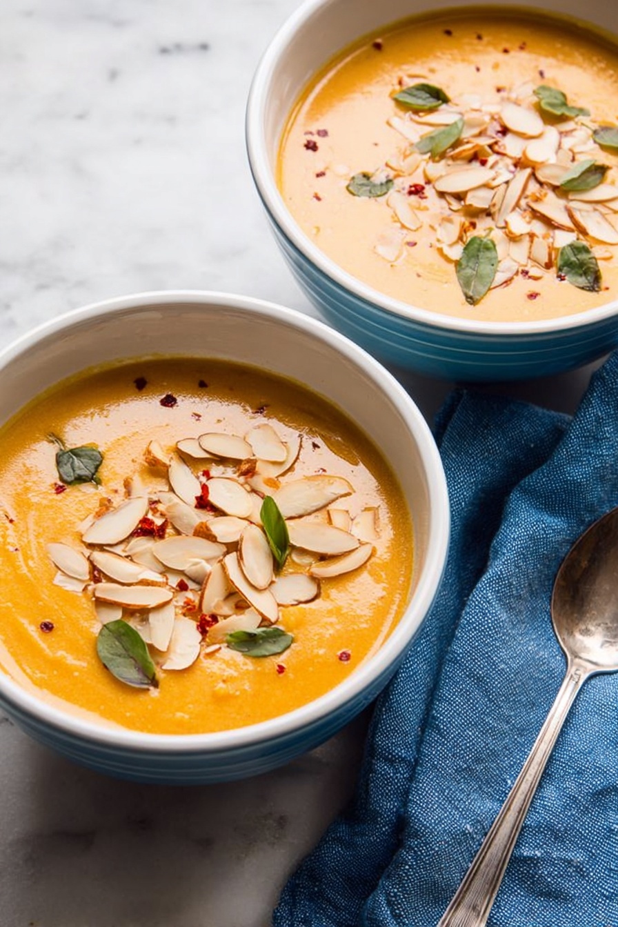 Two white bowls filled with smooth orange soup, each topped with a layer of light brown sliced almonds, scattered small green leaves, and tiny pieces of red chili flakes. The soup's texture looks creamy and thick, filling most of each bowl. One bowl is slightly in front and to the right, with a silver spoon inside showing a shiny handle. The bowls sit on a white marbled surface with a blue cloth napkin beside them. The photo taken with an iphone --ar 2:3 --v 7 - Instant Pot Thai Butternut Squash Soup, Thai butternut squash soup, quick healthy soup recipes, creamy coconut butternut squash soup, easy Thai curry soup
