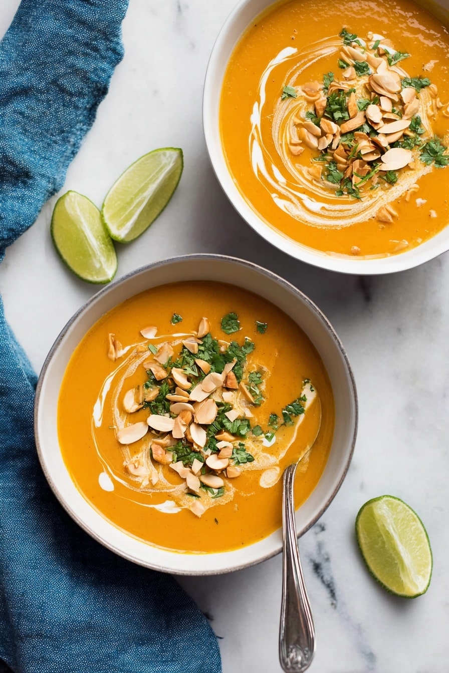 Two white bowls filled with smooth orange soup sit on a white marbled surface. Each bowl has a swirl of white cream in the soup, topped with chopped green herbs and thinly sliced toasted almonds. One bowl has a slice of lime and a silver spoon resting on the edge. Two lime wedges are placed nearby on the surface. A blue linen cloth lies beside the bowls. photo taken with an iphone --ar 2:3 --v 7 - Instant Pot Thai Butternut Squash Soup, Thai butternut squash soup, quick healthy soup recipes, creamy coconut butternut squash soup, easy Thai curry soup