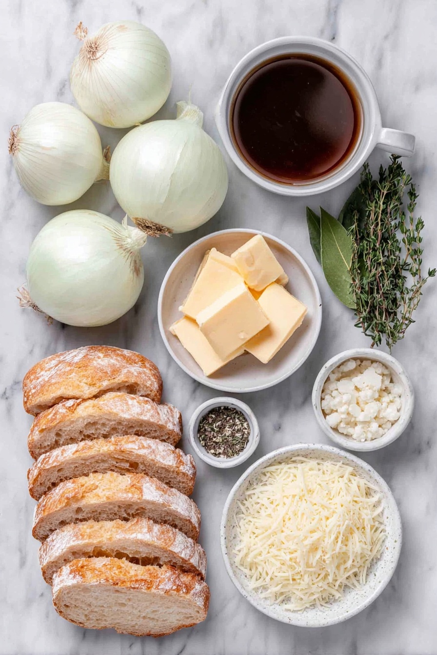 Flat lay of three large white onions, a few pats of fresh butter, a small white bowl filled with rich beef broth, a small white bowl with dark Worcestershire sauce, one peeled garlic clove minced, a small white bowl containing amber dry sherry, four fresh sprigs of thyme, one fresh bay leaf, eight slices of rustic French bread, a small white bowl with shredded Gruyere cheese, a small white bowl with shredded Emmental cheese, and a small white bowl with shredded Parmesan cheese, all arranged symmetrically with perfect balance, placed on a clean white marble surface, soft natural light, photo taken with an iPhone, professional food photography style, fresh ingredients, white ceramic bowls, no bottles, no duplicates, no utensils, no packaging --ar 2:3 --v 7 --p m7354615311229779997 - Easy Crockpot French Onion Soup, crockpot onion soup, slow cooker French onion, caramelized onion soup, cheesy French onion soup