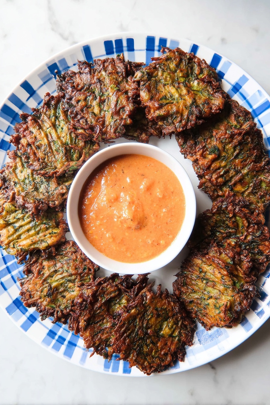 A white plate with blue checkered pattern holds about 18 dark brown and green fritters arranged in a circle around a small white bowl filled with light orange chunky sauce. The fritters have a textured, ribbed surface with some shiny, crisp edges. The plate sits on a white marbled surface. photo taken with an iphone --ar 2:3 --v 7 - Baked Brussels Sprouts Latkes, healthy Brussels sprouts recipes, crispy baked vegetable latkes, gluten-free Brussels sprouts snacks, easy baked latke recipe