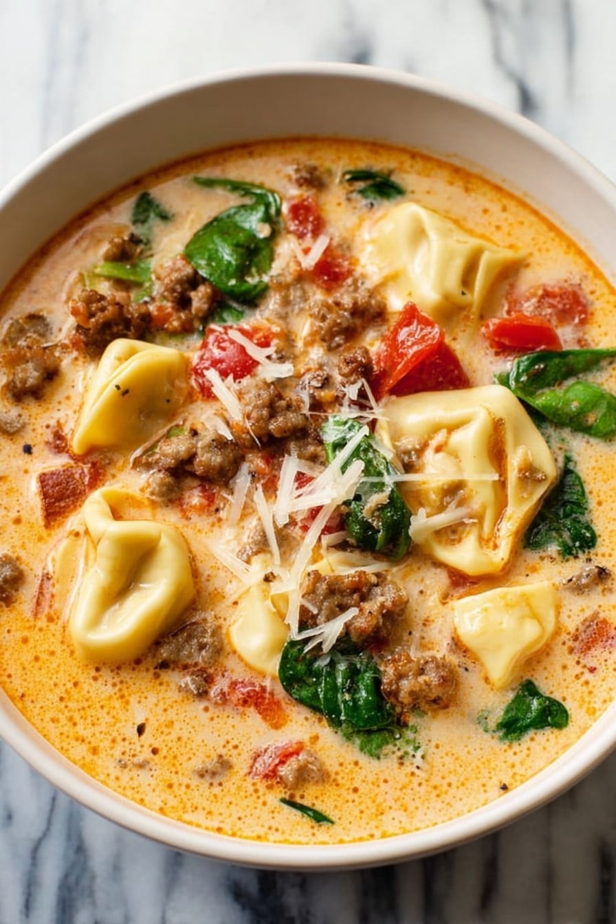 A close-up view inside a black pot filled with creamy soup showing three main layers: the creamy orange broth with specks of herbs and oil droplets forms the base layer; scattered chunks of light brown sausage, green spinach leaves, and red tomato pieces sit floating inside the soup as the middle layer; the top layer shows white tortellini pasta pieces with soft, curved shapes partially submerged and covered by the creamy broth. A silver ladle lifts a mix of these ingredients, focusing on a cluster of tortellini, sausage, spinach, and tomato. The background is a white marbled texture. Photo taken with an iphone --ar 2:3 --v 7 - Italian Sausage Tortellini Soup, Italian Sausage Tortellini Soup Recipe, hearty Italian sausage soup, easy tortellini soup, comforting sausage and tortellini soup
