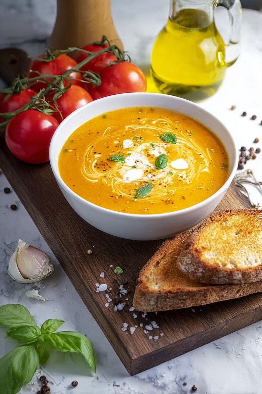 A white bowl filled with three layers of creamy orange soup, topped with swirls of white cream and small green herb pieces scattered on top. The bowl sits on a wooden tray with a silver spoon on the right side and a small round piece of toasted brown bread behind it. On the left side, there is a bunch of red cherry tomatoes on the vine with some loose peppercorns and salt crystals scattered on a white marbled surface. Fresh green basil leaves and a peeled garlic clove are placed near the bowl, and a glass of golden olive oil is seen in the upper right corner. photo taken with an iphone --ar 2:3 --v 7 - Roasted Tomato Soup with Fresh Basil, Tomato Soup Recipe, Homemade Tomato Basil Soup, Easy Roasted Tomato Soup, Fresh Basil Soup