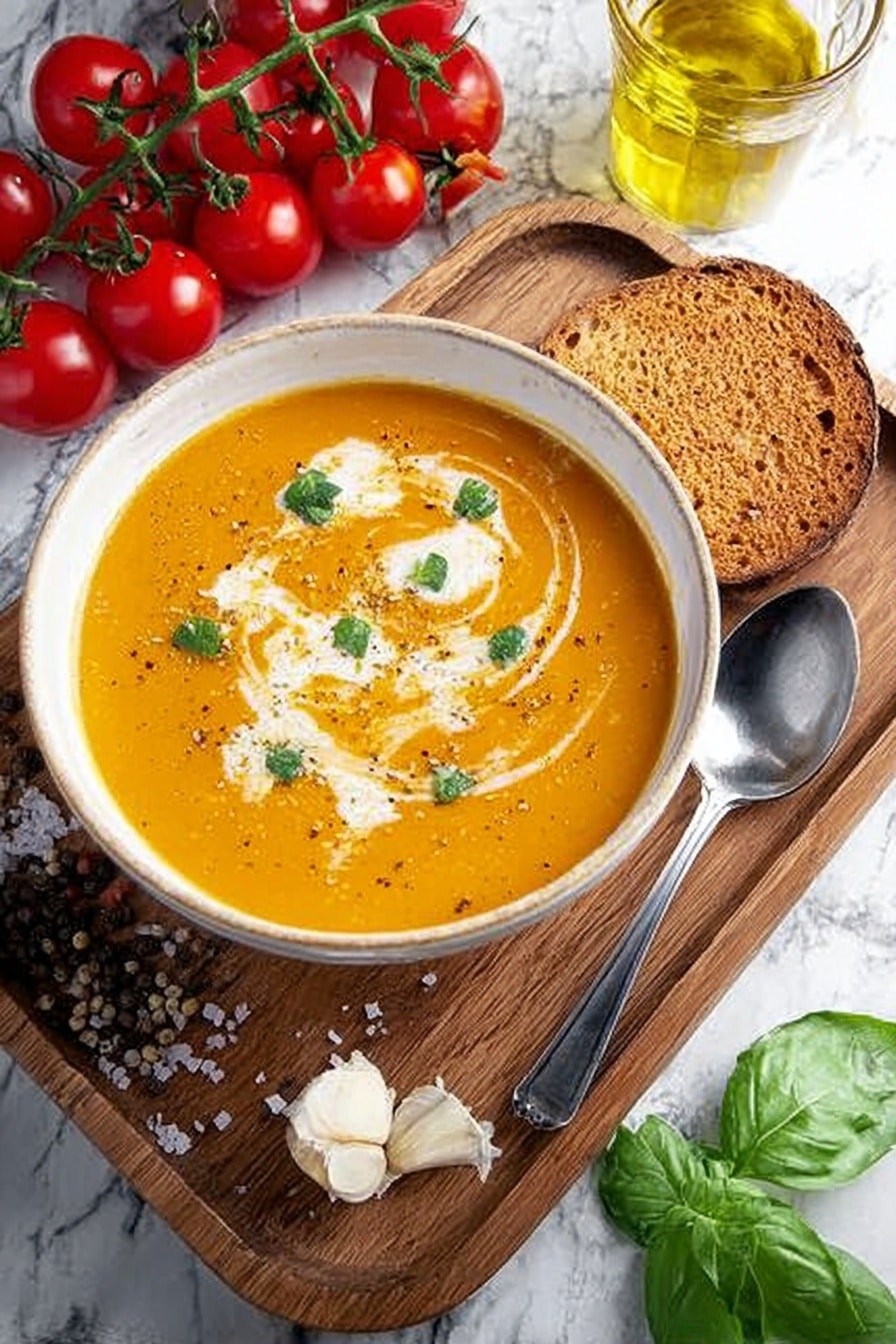 A woman's hand is holding a toasted thick slice of bread with a golden-brown crispy crust and airy white inside, dipping it into a bowl of creamy orange soup with visible herbs floating on the surface. The bowl is white and sits on a wooden board next to fresh red tomatoes and green basil leaves. In the background, there is a glass container with yellow olive oil, all placed on a white marbled surface. photo taken with an iphone --ar 2:3 --v 7 - Roasted Tomato Soup with Fresh Basil, Tomato Soup Recipe, Homemade Tomato Basil Soup, Easy Roasted Tomato Soup, Fresh Basil Soup