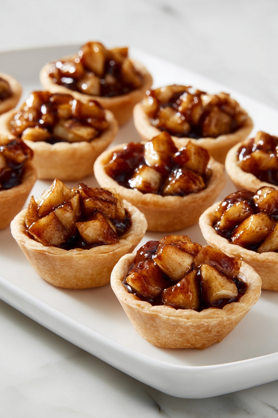 A group of small tarts arranged on a white tray with a smooth finish, each tart featuring a golden-brown pastry crust forming a thick cup shape. Inside the crust are many small, uneven pieces of cooked apple, coated in a shiny, dark caramel-colored sauce with a slightly sticky texture. The apples have a soft but noticeable texture, with some pieces showing light yellow skin and others more deeply browned from cooking, each tart filled to just below the rim. The tray sits on a white marbled surface that reflects soft light, giving a clean and bright look. photo taken with an iphone --ar 2:3 --v 7 - Mini Apple Tarts with Flaky Crust, apple tart recipes, easy apple tart, homemade fruit tarts, flaky crust dessert
