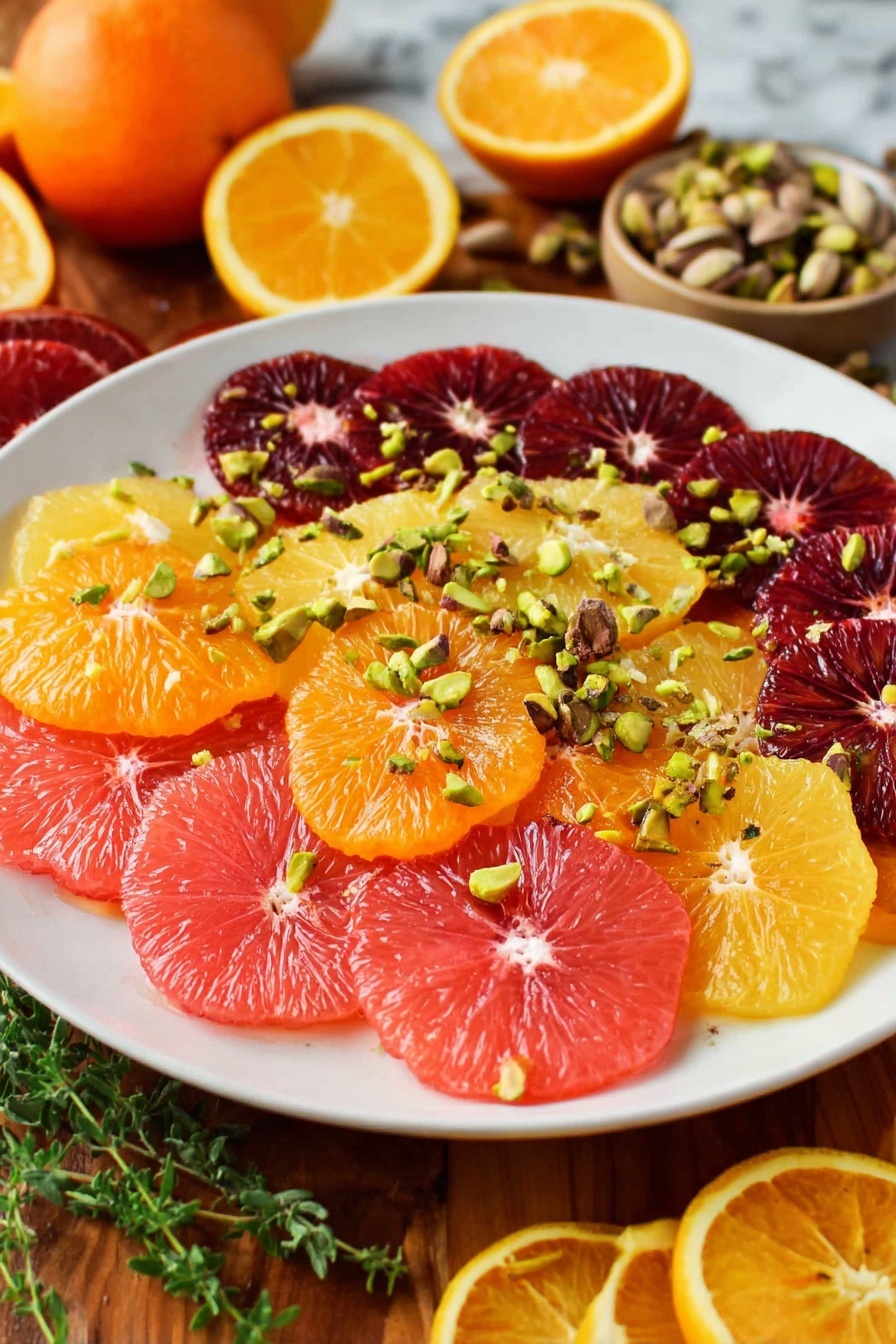 A white plate holds a colorful fruit salad consisting of three layers of citrus slices. The bottom layer is light pink grapefruit segments spread out evenly. The middle layer has bright orange slices arranged on top, and the top layer features deep dark red blood orange slices. Scattered across the fruit are chopped green pistachios adding texture and color contrast. The plate sits on a wooden table with sliced citrus fruits and fresh green herbs around it. The background is a white marbled texture. Photo taken with an iphone --ar 2:3 --v 7 - Spicy Citrus Salad with Pistachios, citrus salad recipes, easy healthy salads, quick nutty citrus salad, spicy fruit salads
