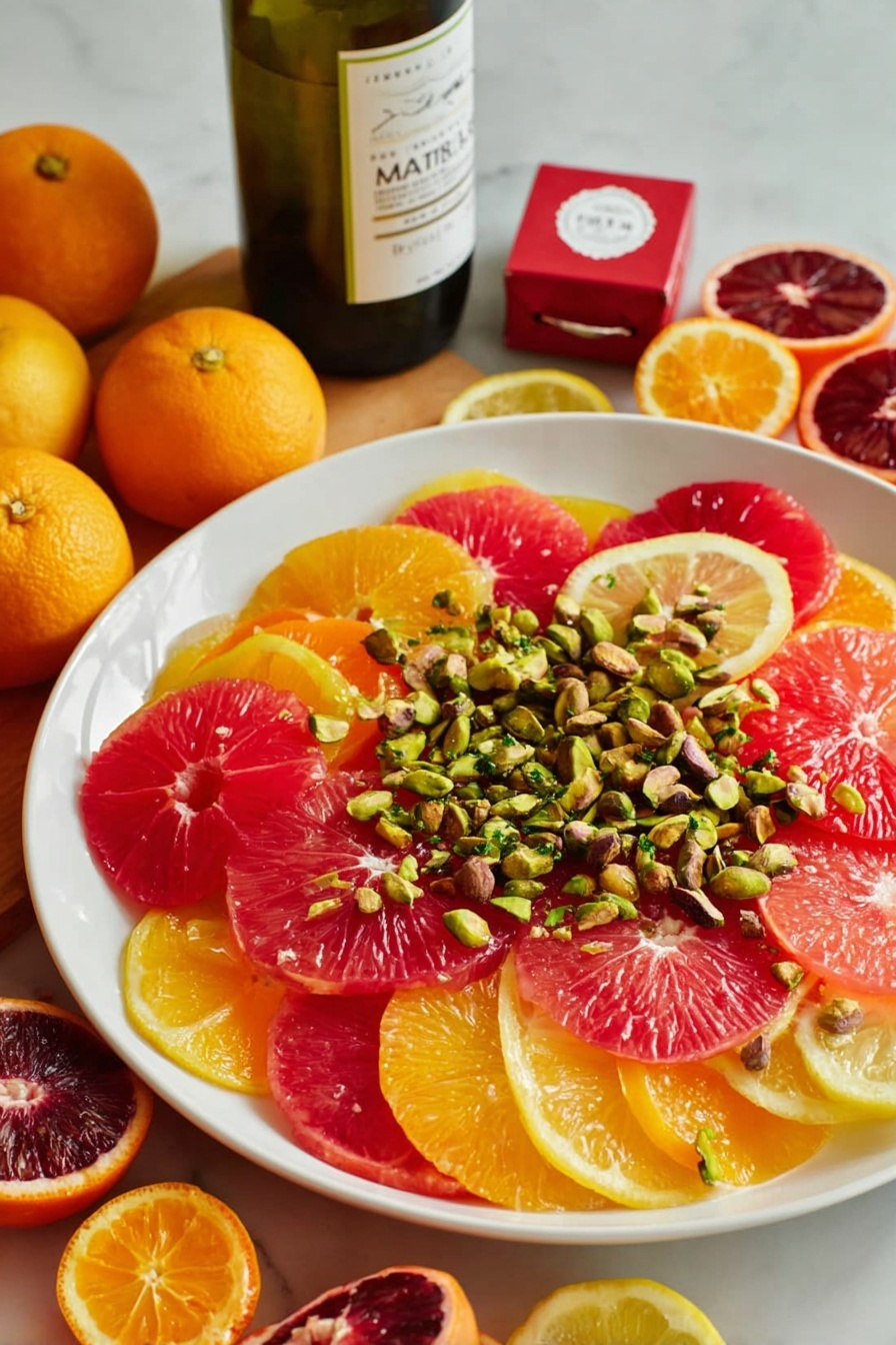 A white plate filled with layers of round citrus slices in bright red, pink, and orange tones, arranged in an overlapping pattern. On top, a generous scattering of green pistachio nuts adds texture and color contrast. Around the plate, halved citrus fruits in shades of red, yellow, and orange create a vibrant background. Behind the plate, a bottle with a white and green label and a small red box are visible, all set on a white marbled surface. Photo taken with an iphone --ar 2:3 --v 7 - Spicy Citrus Salad with Pistachios, citrus salad recipes, easy healthy salads, quick nutty citrus salad, spicy fruit salads