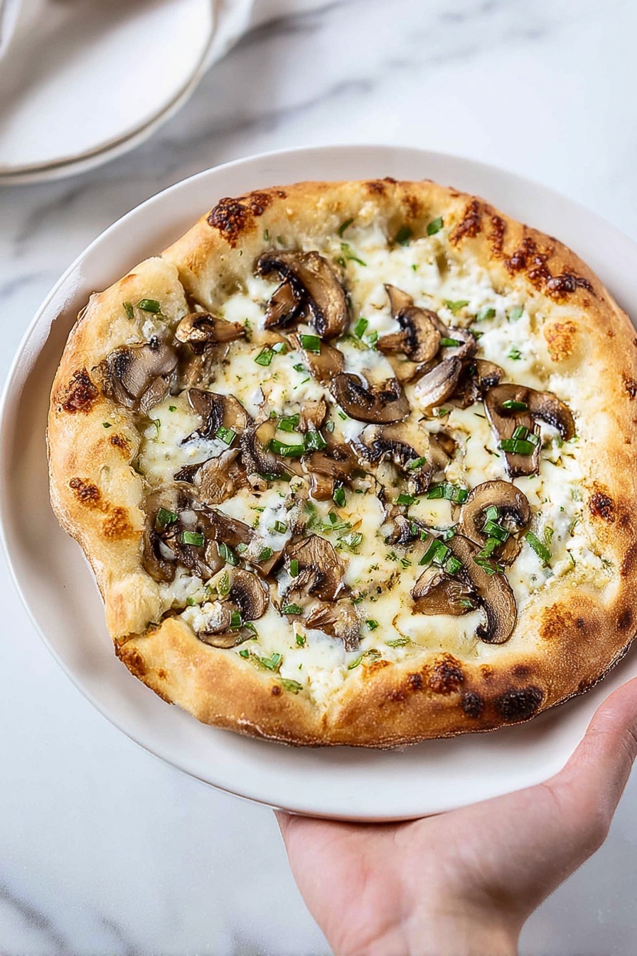 A white plate holds a pizza with a golden-brown crust that is thick and puffy around the edges. The top layer is melted white cheese, unevenly spread with some bubbly spots. Sliced brown mushrooms are scattered across the cheese, showing a cooked, soft texture with light sear marks. Small green herb pieces are sprinkled over the pizza, adding fresh color contrast. A woman's hand holds the plate from the right side. The background is a white marbled texture. Photo taken with an iphone --ar 2:3 --v 7 - Mushroom Pizza with Fresh Herbs, Mushroom Pizza, Gourmet Mushroom Pizza, Easy Mushroom Pizza, Herb-Infused Mushroom Pizza