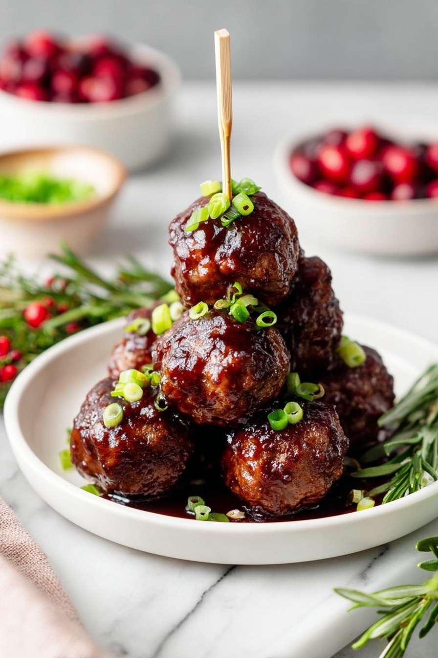 The image shows a white plate stacked with five meatballs covered in dark, shiny sauce, each meatball decorated with small, bright green chopped scallions. Two of the meatballs are pierced with thin wooden sticks sticking straight up. The plate sits on a white marble surface, surrounded by small bowls filled with red cranberries and green scallions, and a bunch of fresh rosemary with red berries on the side. The background is softly blurred, keeping the focus on the rich texture and color of the meatballs. photo taken with an iphone --ar 2:3 --v 7 - Cranberry BBQ Turkey Meatballs, cranberry barbecue meatballs, turkey meatball recipes, easy slow cooker meatballs, savory turkey recipes