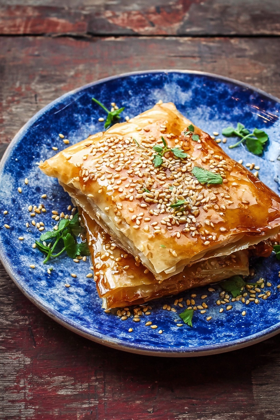 Two golden brown folded layers of thin crispy pastry sit on a white plate with a deep blue pattern. The top layer is sprinkled with crunchy light brown sesame seeds and small fresh green herb leaves scattered around and on the pastry. A glossy honey-like glaze shines on the surface, adding a sticky texture. The plate rests on a rough dark wooden surface with a rustic look. The light catches the sesame seeds and glaze, making the food look fresh and inviting. photo taken with an iphone --ar 2:3 --v 7 - Baked Feta Wrapped in Phyllo with Honey, feta phyllo appetizer, honey feta pastry, baked cheese appetizer, savory sweet feta dish