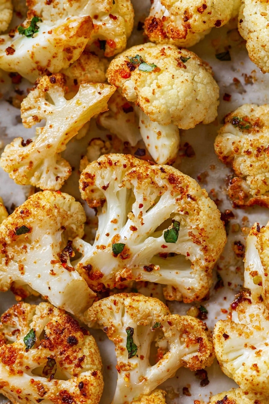The image shows close-up roasted cauliflower pieces on a white marbled surface. The cauliflower pieces are cut into medium-sized florets with a mix of creamy white and lightly browned textures from roasting. They are sprinkled with reddish spices and small green herbs, with a slight oily shine suggesting seasoning. The edges of the cauliflower are slightly charred and crispy, adding a textured contrast to the soft inner parts. photo taken with an iphone --ar 2:3 --v 7 - Oven-Roasted Cauliflower, roasted cauliflower side dish, crispy cauliflower, garlic cauliflower recipe, healthy vegetable sides