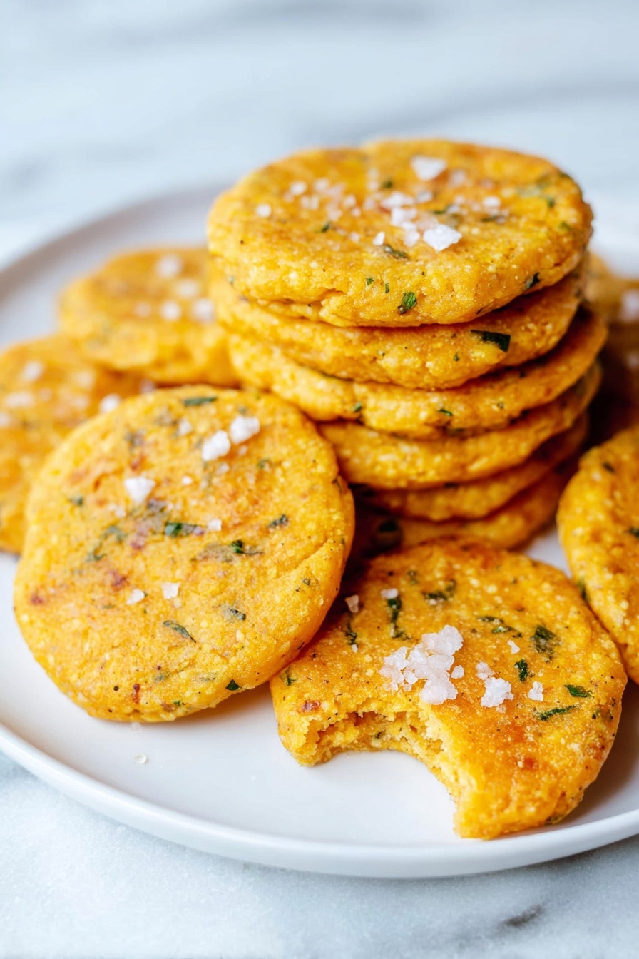A white plate holds a stack of round, golden yellow patties with small green herb bits visible throughout. Each patty has a rough, slightly crumbly texture and is topped with coarse white salt flakes that catch the light. One patty in the front has a small bite taken out, revealing a consistent texture inside. The plate is set on a white marbled surface that adds a soft, elegant backdrop to the warm colors of the patties. photo taken with an iphone --ar 2:3 --v 7 - Chipotle Cheddar Crackers, spicy cheesy crackers, smoky chipotle snacks, homemade cracker recipe, easy cheesy cracker recipe