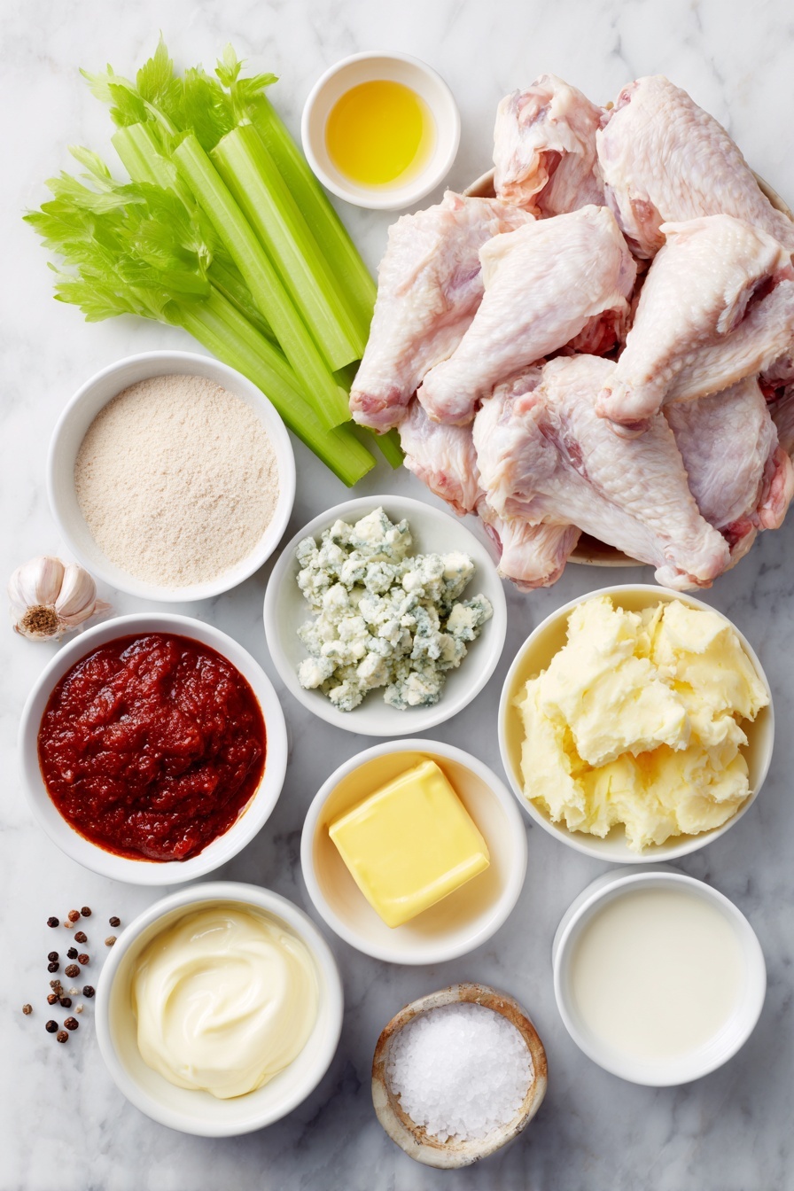 Flat lay of fresh raw chicken wings with wingettes and drumettes arranged neatly, a small mound of light beige baking powder, coarse kosher salt crystals scattered lightly, a few celery sticks with bright green leaves, a small white ceramic bowl of melted golden unsalted butter, another white bowl filled with vibrant red hot sauce, a little heap of rich brown sugar, a white bowl with crumbly pale blue cheese, a small bowl of creamy sour cream, a small bowl of smooth mayonnaise, a single peeled garlic clove, a small white bowl holding fresh milk, a white bowl with clear lemon juice, and some whole black peppercorns, all placed on a clean white marble surface, soft natural light, photo taken with an iPhone, professional food photography style, fresh ingredients, white ceramic bowls, no bottles, no duplicates, no utensils, no packaging --ar 2:3 --v 7 --p m7354615311229779997 - Crispy Oven Baked Buffalo Wings, crispy buffalo wings, baked chicken wings, healthy buffalo wing recipe, easy buffalo wings