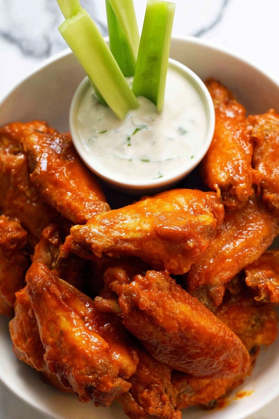 The image shows a white bowl filled with many orange-coated chicken wings stacked closely together, with a glossy texture on the wings showing the sauce. In the middle of the bowl, there is a small white bowl of creamy white dipping sauce topped with three green celery sticks standing upright inside it. The background is a white marbled surface. Photo taken with an iphone --ar 2:3 --v 7 - Crispy Oven Baked Buffalo Wings, crispy buffalo wings, baked chicken wings, healthy buffalo wing recipe, easy buffalo wings