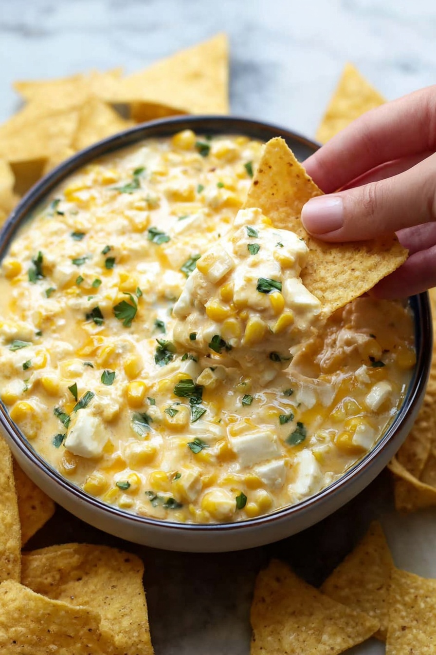 A white woman's hand holding a single triangular beige corn chip dipped in creamy yellow corn and cheese dip with small green herb pieces on top. The dip is thick and chunky with visible whole corn kernels and bits of melted cheese. The dip is served in a round white bowl with a dark rim, filled to the top. More corn chips are scattered around the bowl on a white marbled surface. The lighting is natural and bright, showing the dip’s creamy texture and the uneven shapes of the corn kernels photo taken with an iphone --ar 2:3 --v 7 - Spicy Mexican Corn Dip, Mexican Corn Dip, spicy corn dip, Mexican street corn dip, game day corn dip
