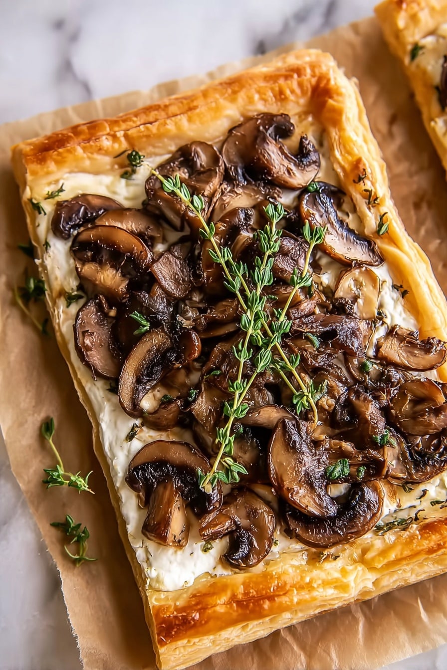 A rectangular puff pastry tart with a golden, flaky crust forms the base layer. On top of the crust is a smooth, creamy white cheese layer that covers the middle part of the tart. The cheese layer is topped with a generous amount of cooked brown mushroom slices with a slightly glossy texture. Two sprigs of fresh green thyme rest on top of the mushrooms, adding a fresh contrast. The tart is placed on parchment paper over a white marbled surface. photo taken with an iphone --ar 2:3 --v 7 - Mushroom and Goat Cheese Tart, mushroom tart recipes, savory goat cheese tart, flaky puff pastry tart, easy mushroom tart