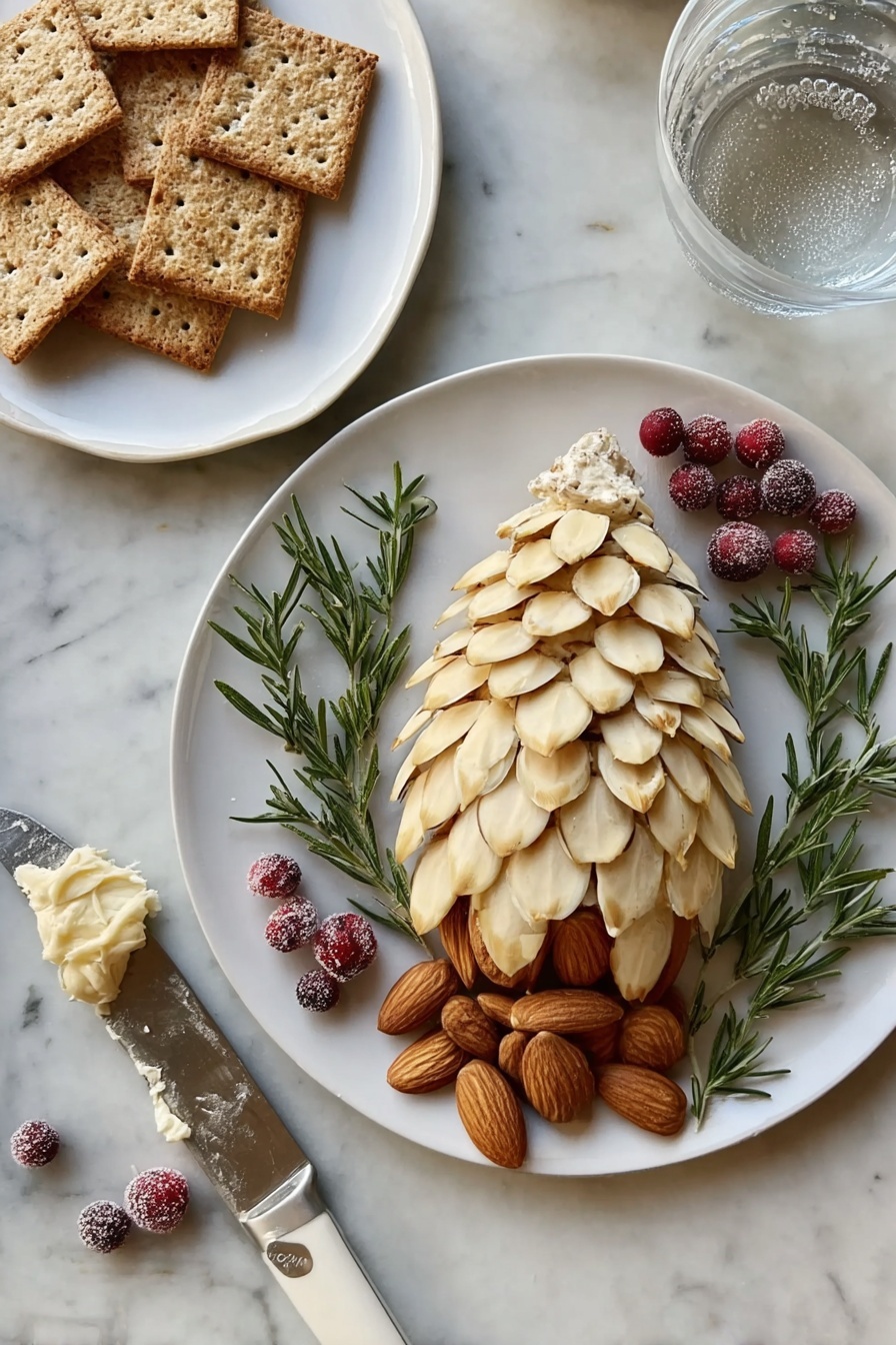 A white plate holds a cheese shaped like a pinecone, covered with thin almond slices in layered rows to mimic pinecone scales, with creamy cheese visible at the base layer. Next to it, whole almonds are neatly placed in a row. Fresh rosemary sprigs with frosted red cranberries decorate the top edge of the plate. Nearby, a smaller white plate has three square crackers, two topped with some creamy cheese and almond slices, and two plain crackers. A single frosted cranberry sits on the small plate’s edge. A knife with a white handle and some cheese on the blade rests on the white marbled surface near the plates. A clear glass of water is partly visible at the top right corner. photo taken with an iphone --ar 2:3 --v 7 - Pinecone Cheese Ball, holiday appetizer ideas, festive cheese ball, easy cheese ball recipes, party cheese dip