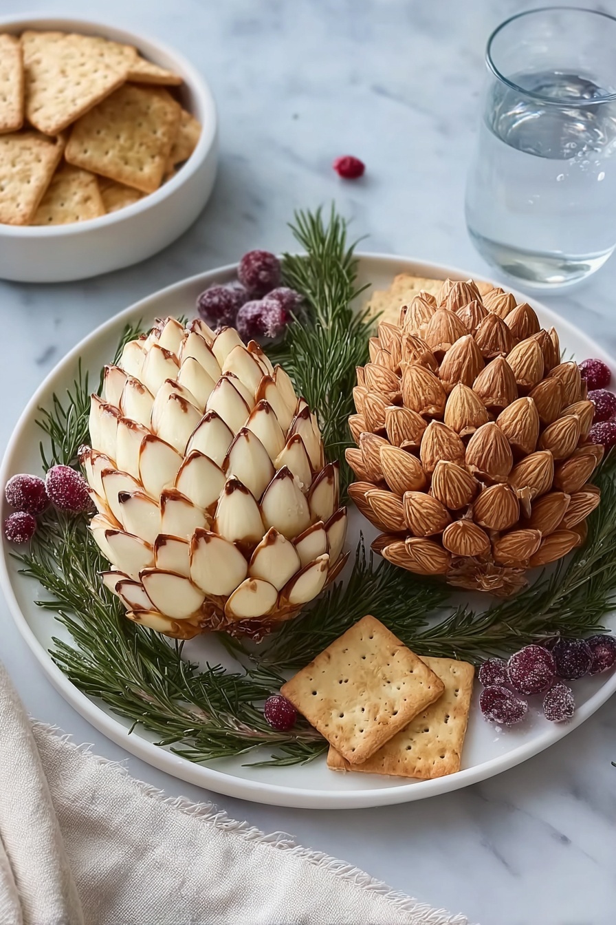 Two pinecone-shaped cheese balls sit side by side on a white plate. The left cheese ball is decorated with overlapping light almond slices edged with brown, creating a textured pinecone look. The right cheese ball has whole brown almonds tightly packed, also shaped like a pinecone. Both cheese balls rest on a bed of dark green rosemary sprigs, with frosted red and purple cranberries scattered among the herbs. Near the cheese balls, a few square crackers lie on the white marbled surface. A white bowl filled with more square crackers and a glass of water are partially visible in the background. The corner of a white cloth is visible at the bottom of the scene. Photo taken with an iphone --ar 2:3 --v 7 - Pinecone Cheese Ball, holiday appetizer ideas, festive cheese ball, easy cheese ball recipes, party cheese dip