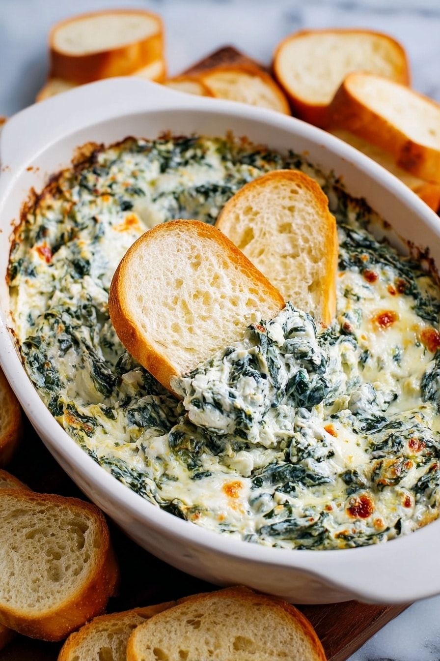 A white baking dish filled with a creamy spinach dip that has a mix of green spinach leaves and melted white cheese with some light brown spots on top. Two slices of white bread are placed dipped into the dip near the center, showing the thick texture of the spinach mix. Around the dish, more slices of white bread are stacked, all on a white marbled surface. The creamy dip looks soft and mixed well with green and white colors, with some small bits of orange and brown. Photo taken with an iphone --ar 2:3 --v 7 - Cheesy Spinach Dip, Spinach Cheese Dip, Easy spinach dip, Baked spinach appetizer, Crowd-pleasing spinach dip