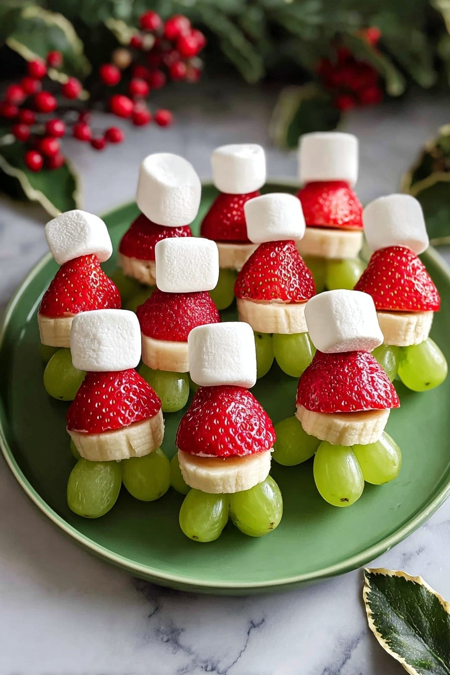 A round green plate holds a pile of small fruit snacks arranged like Santa hats. Each snack is made of four layers: a green grape at the bottom, a banana slice above the grape, a red strawberry placed upside-down on top of the banana slice, and a small white marshmallow on the very top to look like a hat pom-pom. The plate sits on a white marbled surface, with green leaves and red berries surrounding the plate in the background, giving a festive and fresh look. Photo taken with an iphone --ar 2:3 --v 7 - Grinch Fruit Kabobs, festive fruit kabobs, holiday fruit skewers, Christmas party snacks, easy holiday recipes