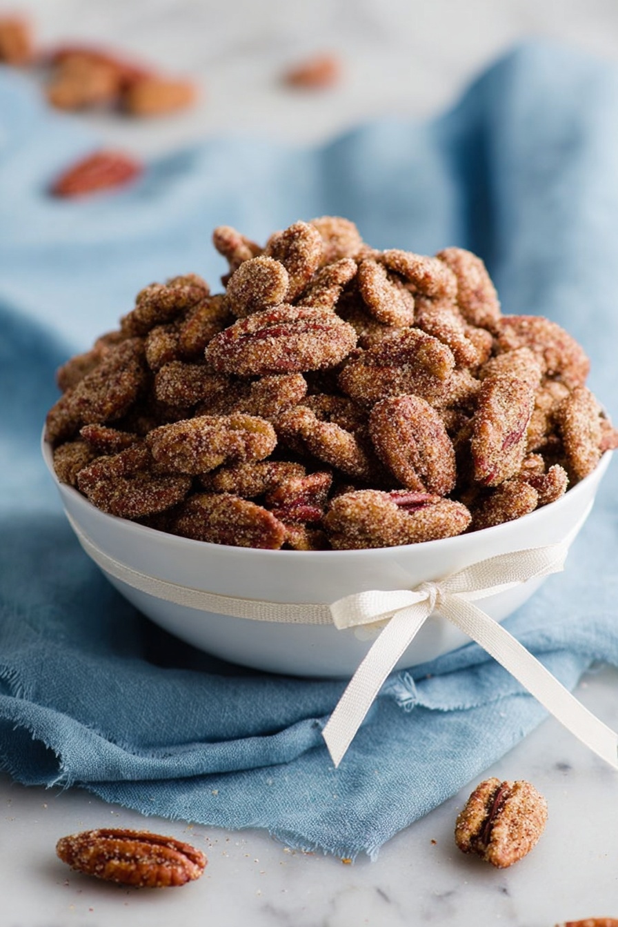 A white bowl filled with a large pile of cinnamon sugar coated pecans, the nuts showing a rough, sugary texture in shades of brown and tan. The bowl is tied with a simple white ribbon and sits on a soft, blue cloth with folds. A few pecans are scattered around the bowl on a white marbled surface. The background is softly blurred, emphasizing the bowl of nuts. photo taken with an iphone --ar 2:3 --v 7 - Cinnamon Candied Pecans, candied pecans recipe, easy pecan snack, sweet spicy nuts, holiday pecans