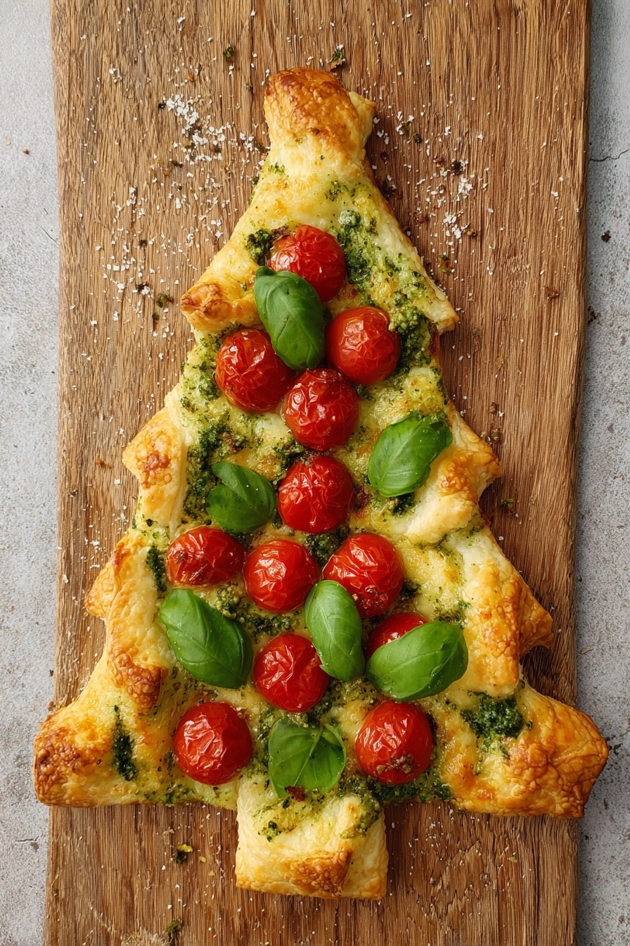 The dish is shaped like a Christmas tree on a wooden surface. It has a base layer of golden-baked puff pastry forming the tree shape with jagged edges on both sides. On top of this pastry, there are bright red cherry tomatoes arranged in two lines running vertically down the tree. Fresh green basil leaves are scattered evenly among the tomatoes, adding lively color. Some green pesto sauce is spread on the puff pastry edges and top tip of the tree. The pastry looks flaky and light with a slightly crispy texture. The white marbled surface is visible only a little at the edges. Photo taken with an iphone --ar 2:3 --v 7 - Puff Pastry Christmas Tree Appetizer, festive holiday appetizer, Christmas appetizer ideas, easy holiday appetizers, puff pastry appetizer recipes