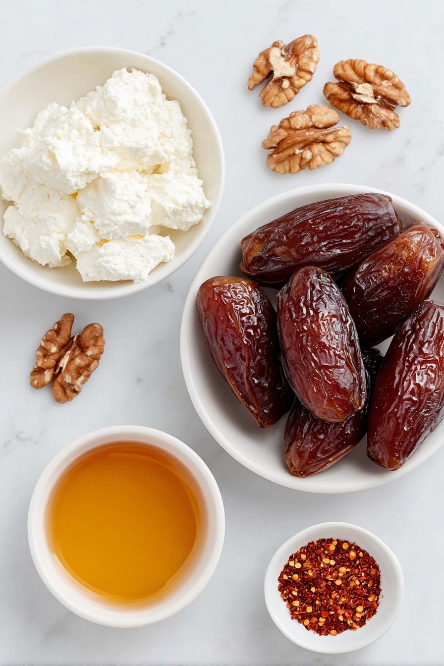 Flat lay of large glossy Medjool dates with smooth brown skins, a small mound of creamy soft white goat cheese, a scattering of irregular walnut halves with rich brown textures, a small white ceramic bowl filled with golden warm honey, and a tiny white bowl containing vibrant red pepper flakes, all arranged in perfect symmetry on a clean white marble surface, soft natural light, photo taken with an iPhone, professional food photography style, fresh ingredients, white ceramic bowls, no bottles, no duplicates, no utensils, no packaging --ar 2:3 --v 7 --p m7354615311229779997 - Stuffed Dates with Goat Cheese and Walnuts, stuffed date appetizer, easy date snacks, elegant party appetizers, healthy sweet and savory bites
