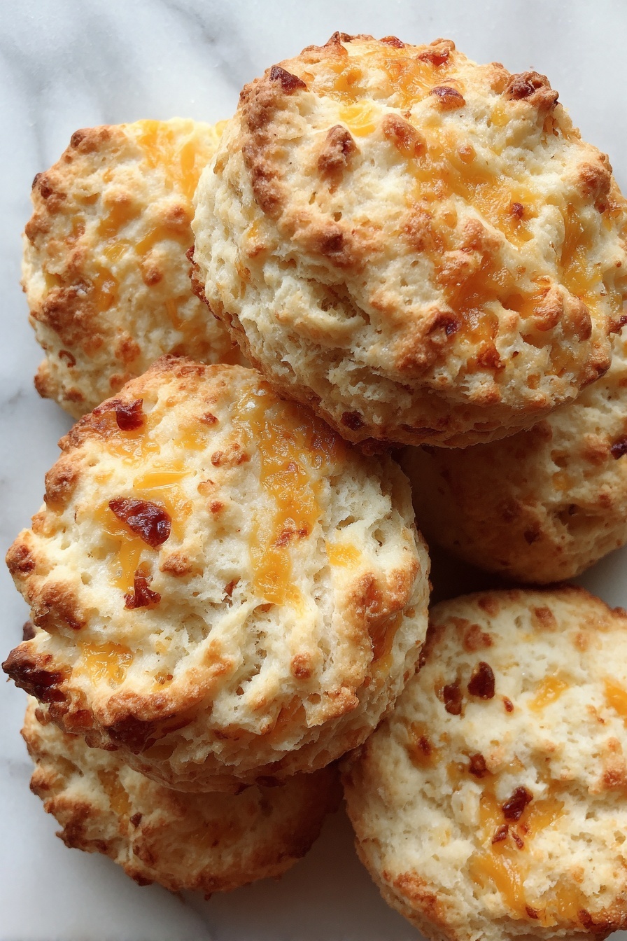 A close-up view of several round biscuits piled together, each biscuit having a rough, crumbly texture with visible chunks of melted light orange cheese and small bits of browned ingredients throughout. The biscuits show a mix of creamy beige and golden-brown colors, with an uneven surface and soft edges. The background is a white marbled texture. Photo taken with an iphone --ar 2:3 --v 7 - Cheddar Sausage Balls, sausage ball recipe, cheesy sausage bites, savory appetizer idea, quick snack recipe