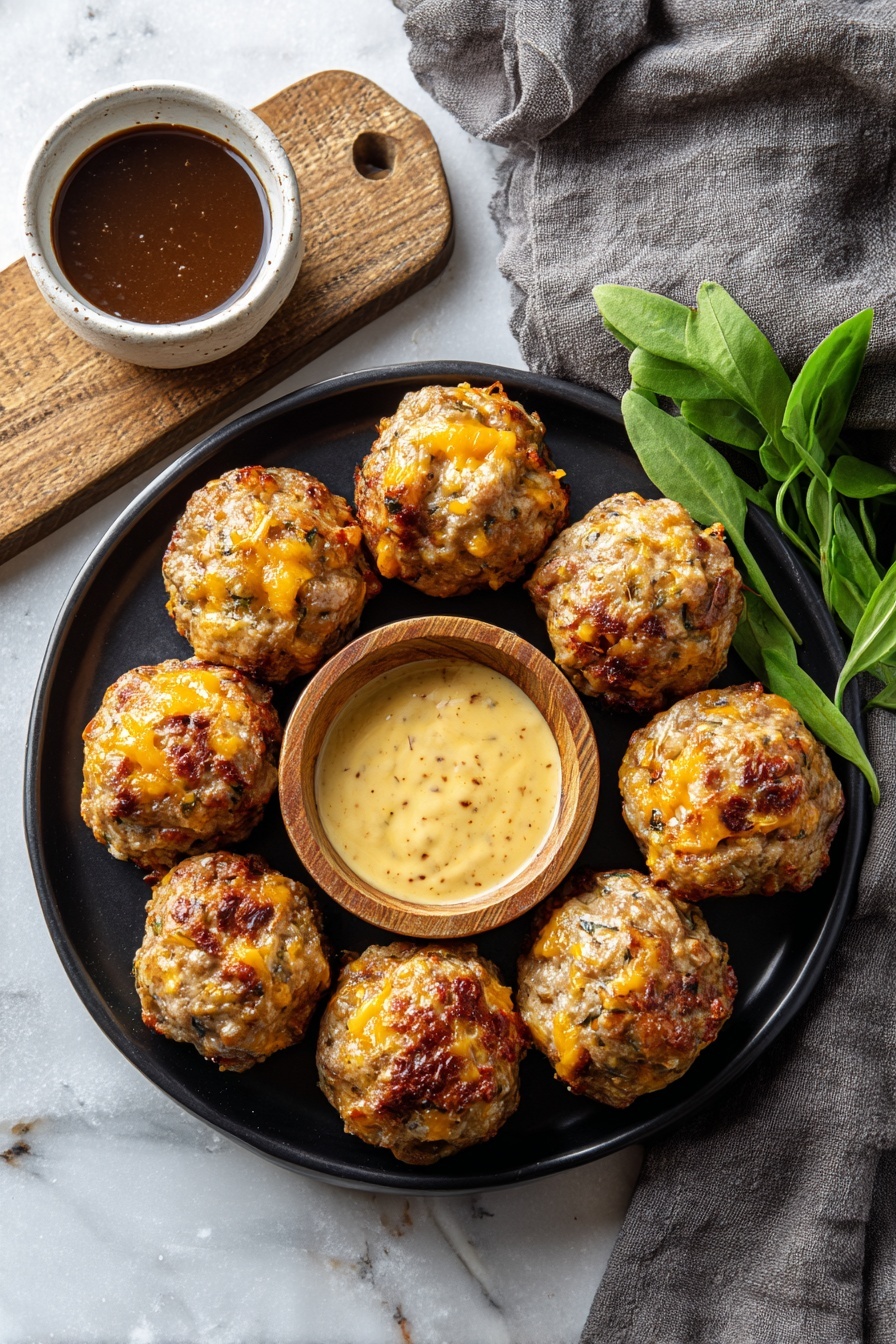 A black round plate sits on a white marbled surface, holding ten baked meatballs that are golden brown with bits of orange cheese visible in each one. In the center of the plate is a small wooden bowl filled with creamy, light yellow dipping sauce that has a speckled texture. To the upper left of the plate, there is another small white bowl filled with thick dark brown sauce, resting on a wooden board and grey cloth. Fresh green herbs are placed to the upper right side of the plate. The scene is well-lit, showing the textures and colors clearly, photo taken with an iphone --ar 2:3 --v 7 - Cheddar Sausage Balls, sausage ball recipe, cheesy sausage bites, savory appetizer idea, quick snack recipe