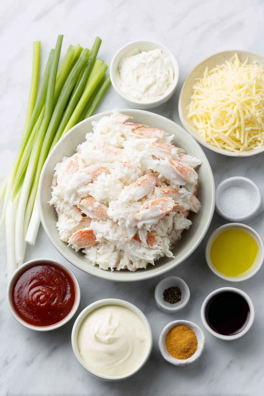Flat lay of fresh lump blue crab meat in a simple white ceramic bowl, a small white bowl of smooth cream cheese, a small white bowl filled with grated sharp cheddar cheese, a small white bowl of thick sour cream, thinly sliced green and white scallions arranged neatly on the side, a small white bowl of creamy mayonnaise, a small white bowl containing bright red hot sauce, a small white bowl with smooth Dijon mustard, a small white bowl with fresh lemon juice, a small white bowl with coarse Old Bay seasoning, a small white bowl with dark Worcestershire sauce, a small white bowl of pale garlic powder, a small white bowl of vivid red cayenne pepper, all placed symmetrically on a clean white marble surface, soft natural light, photo taken with an iPhone, professional food photography style, fresh ingredients, white ceramic bowls, no bottles, no duplicates, no utensils, no packaging --ar 2:3 --v 7 --p m7354615311229779997 - Spicy Maryland Crab Dip, Maryland Crab Dip, Crab Dip appetizer, Chesapeake Bay crab dip, Spicy seafood dip