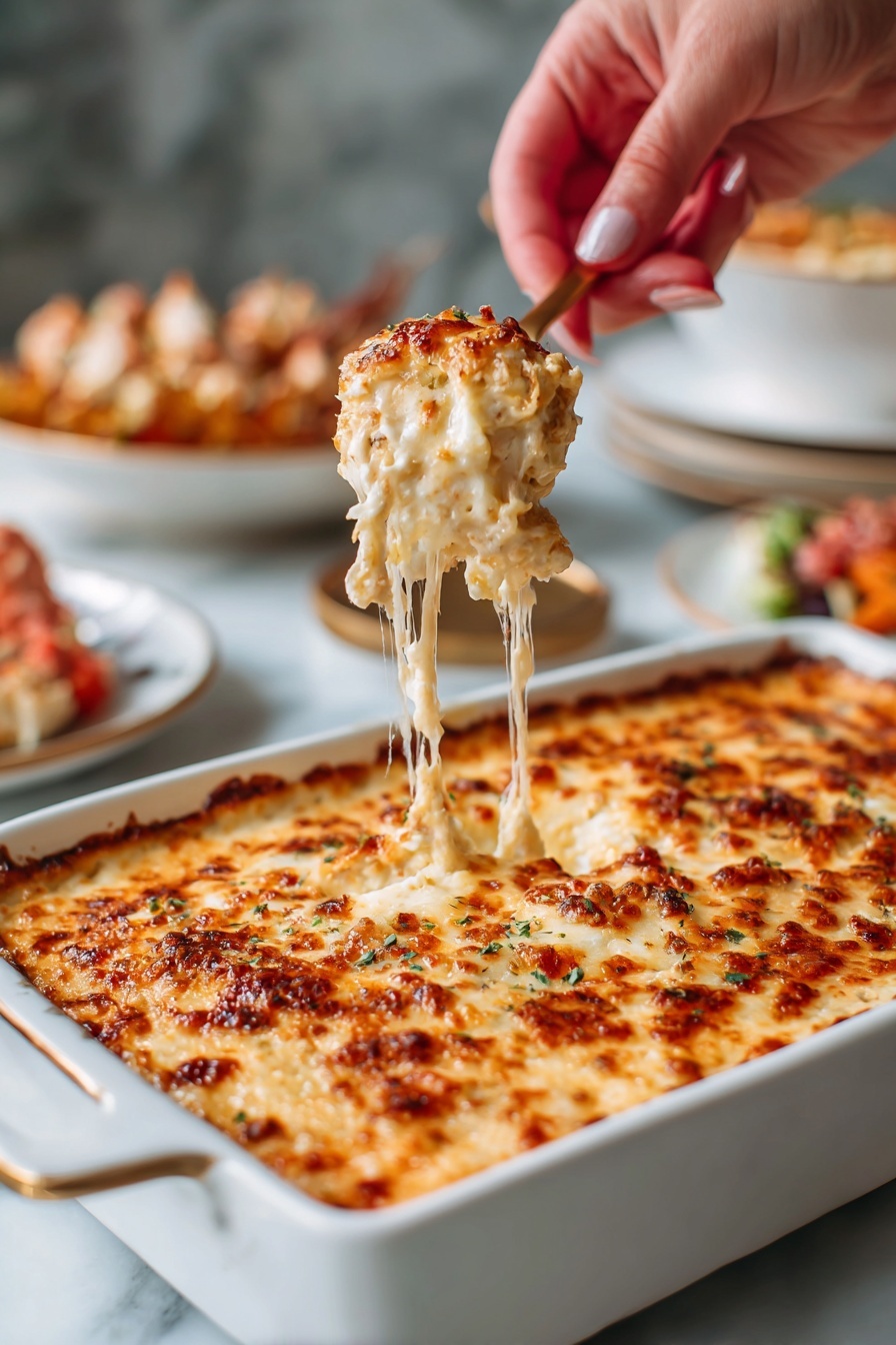 A woman’s hand holds a scoop of cheesy baked dish above a white rectangular baking dish filled with a golden brown, bubbly cheese layer on top. The cheese is melted and slightly browned, showing a stretchy texture as it pulls away from the dish. The background shows part of a white marbled surface and blurred plates with food on them. The overall look is warm, rich, and inviting. photo taken with an iphone --ar 2:3 --v 7 - Spicy Maryland Crab Dip, Maryland Crab Dip, Crab Dip appetizer, Chesapeake Bay crab dip, Spicy seafood dip