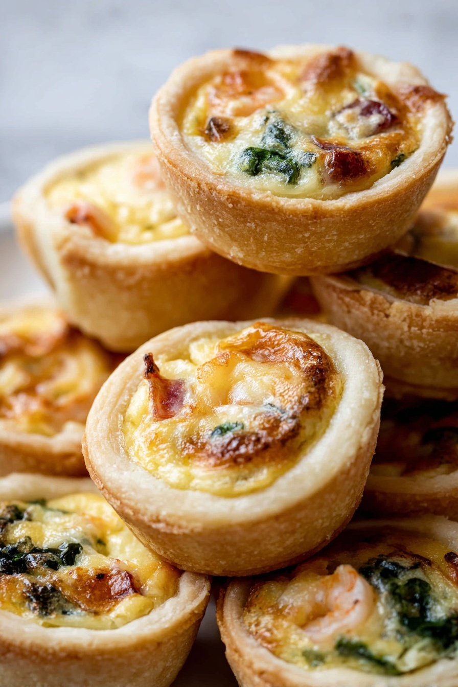 The image shows a close-up of many small savory mini quiches stacked together. Each mini quiche has a light golden brown, slightly crispy crust that forms a thick, round base and sides. Inside the crust, the filling has a creamy yellow color with slightly browned spots on top, indicating melted cheese. There are bits of green leafy vegetables and pinkish chunks, likely small pieces of shrimp or ham, embedded within the soft filling. The texture of the filling looks smooth and fluffy with a few browned edges around the top for a baked effect. The mini quiches are placed on a white marbled surface. photo taken with an iphone --ar 2:3 --v 7 - Mini Quiche with Flaky Pie Crust, mini quiche recipes, easy quiche ideas, brunch party recipes, savory snack bites
