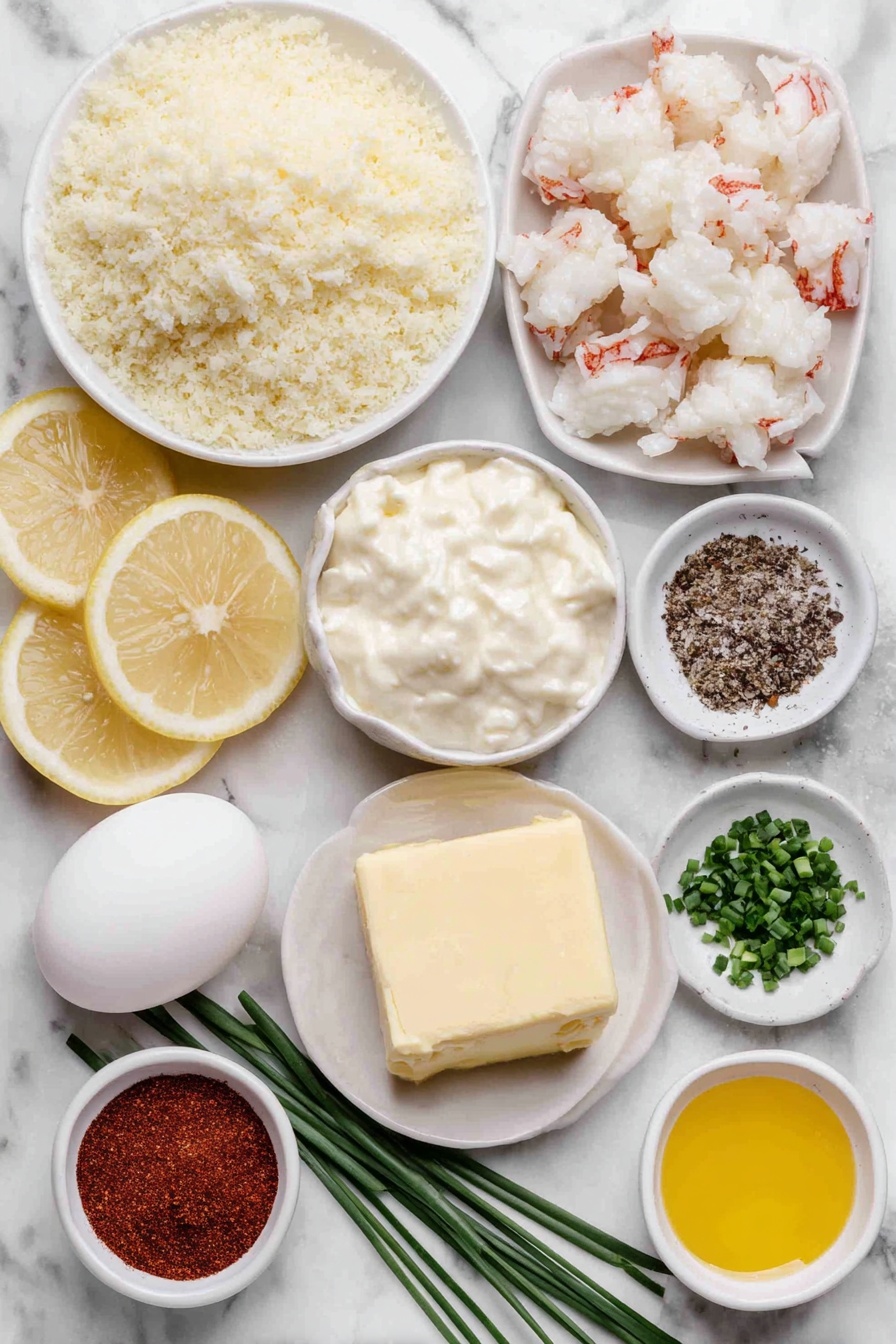 Flat lay of a small mound of golden panko bread crumbs, a small pile of finely grated parmesan cheese, a few chunks of bright white lump crab meat, a wedge of creamy white cream cheese, one whole large egg with a clean shell, a small white bowl filled with pale cream-colored mayonnaise, a small white bowl holding thick white sour cream, a small white bowl with melted golden butter, a few thin lemon wedges with bright yellow rind and juicy interiors, a small heap of finely chopped fresh green chives, a small white bowl containing bright yellow lemon juice, a small white bowl of smoky red paprika powder, a small white bowl of pale beige garlic powder, a small white bowl of reddish-brown old bay seasoning, and scattered coarse white salt crystals and mixed black and white peppercorns – all arranged in perfect symmetry on a simple white ceramic plates and bowls, placed on a clean white marble surface, soft natural light, photo taken with an iPhone, professional food photography style, fresh ingredients, white ceramic bowls, no bottles, no duplicates, no utensils, no packaging --ar 2:3 --v 7 --p m7354615311229779997 - Easy Crab Cake Bites, crab cake appetizer, party finger foods, bite-sized seafood appetizers, quick seafood recipes