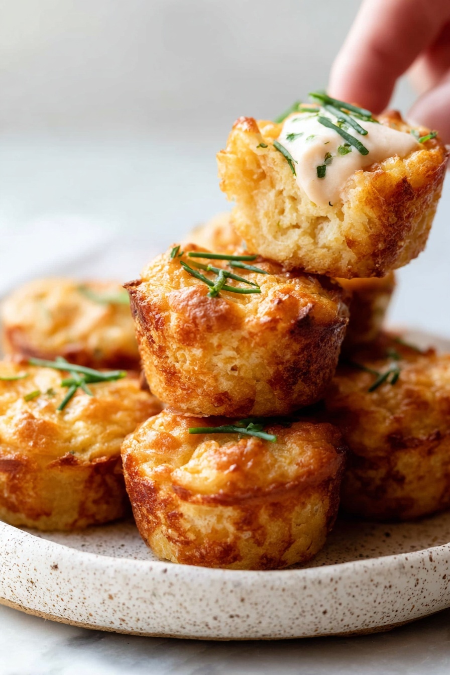A stack of small, golden-brown muffins with a slightly crispy top sits on a white speckled plate, placed on a white marbled surface. The muffins have a textured, crumbly look, and each one is garnished with a few pieces of chopped green herbs on top. One muffin is held by a woman's hand above the stack, showing the soft and moist inside with a dollop of creamy white sauce sprinkled with green herbs on it. The background is softly lit, focusing attention on the warm tones and textures of the muffins. photo taken with an iphone --ar 2:3 --v 7 - Easy Crab Cake Bites, crab cake appetizer, party finger foods, bite-sized seafood appetizers, quick seafood recipes