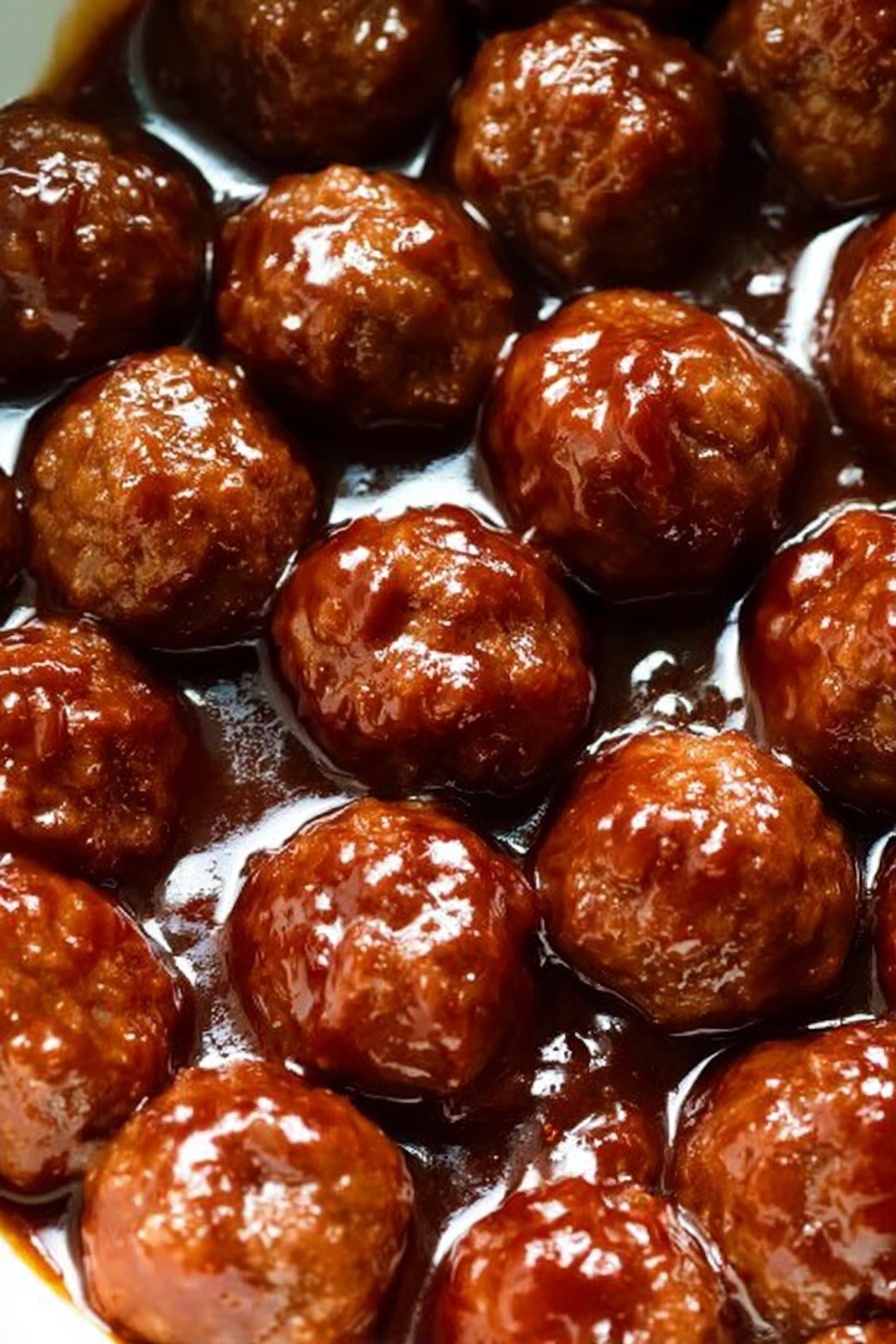 The image shows many round meatballs, each covered in shiny dark brown sauce, sitting close together in the sauce that pools beneath them. The meatballs have a slightly coarse texture with small bumps and an evenly browned surface. The sauce looks thick and glossy, giving the meatballs a wet and rich look. The background is a white marbled texture. photo taken with an iphone --ar 2:3 --v 7 - Crockpot BBQ Meatballs, easy slow cooker meatballs, homemade BBQ meatballs, quick appetizer recipes, simple meatball dish