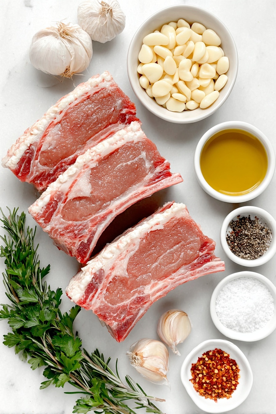 Flat lay of two fresh raw lamb racks with a layer of creamy white fat on top, ten whole unpeeled garlic cloves scattered naturally, a small bunch of vibrant green fresh parsley sprigs, a small white bowl filled with rich golden extra virgin olive oil, a small white bowl containing coarse dry rosemary needles, a small white bowl with bright red crushed red pepper flakes, a small white bowl of coarse kosher salt crystals, and a small white bowl of freshly ground black pepper placed symmetrically around the lamb racks, all arranged on a clean white marble surface, soft natural light, photo taken with an iPhone, professional food photography style, fresh ingredients, white ceramic bowls, no bottles, no duplicates, no utensils, no packaging --ar 2:3 --v 7 --p m7354615311229779997 - Garlic Herb Roasted Rack of Lamb, roasted rack of lamb with herbs, garlic and herb lamb marinade, easy lamb main dish, elegant lamb roast recipe