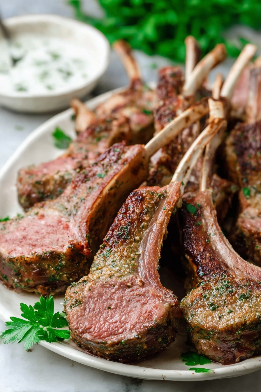 The image shows several cooked lamb chops arranged closely together on a white marbled surface. Each lamb chop is sliced and reveals a pinkish-red inside with a brown crust on the outside, showing a textured, grilled surface. Some pieces have small bones sticking out visible in the center. Fresh green parsley leaves are scattered around adding a touch of vibrant green. The meat looks juicy and well-seasoned with visible herbs on the brown outer layer. photo taken with an iphone --ar 2:3 --v 7 - Garlic Herb Roasted Rack of Lamb, roasted rack of lamb with herbs, garlic and herb lamb marinade, easy lamb main dish, elegant lamb roast recipe