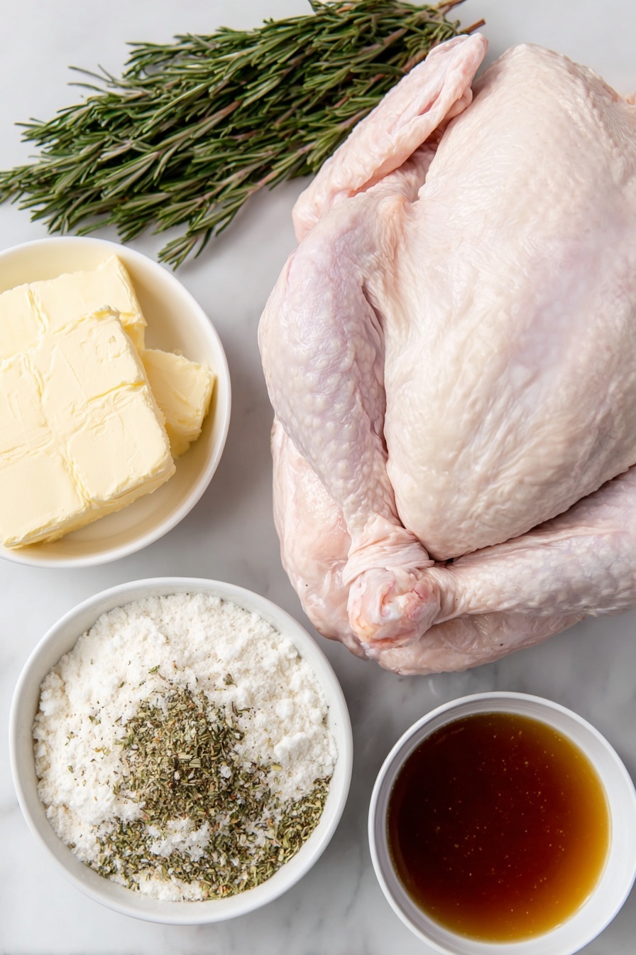 Flat lay of a whole fresh raw turkey with pale pink skin, a small white ceramic bowl of softened golden butter, a small white ceramic bowl containing a mixture of coarse seasoned salt with visible herbs and spices, a small white ceramic bowl filled with golden pan drippings, a small white ceramic bowl of fine white all-purpose flour, a small white ceramic bowl filled with rich amber turkey broth, all neatly arranged in perfect symmetry placed on a clean white marble surface, soft natural light, photo taken with an iPhone, professional food photography style, fresh ingredients, white ceramic bowls, no bottles, no duplicates, no utensils, no packaging --ar 2:3 --v 7 --p m7354615311229779997 - Oven Roasted Turkey with Golden Gravy, roasted turkey with crispy skin and rich gravy, holiday turkey recipe, juicy oven roasted turkey, easy turkey with golden gravy