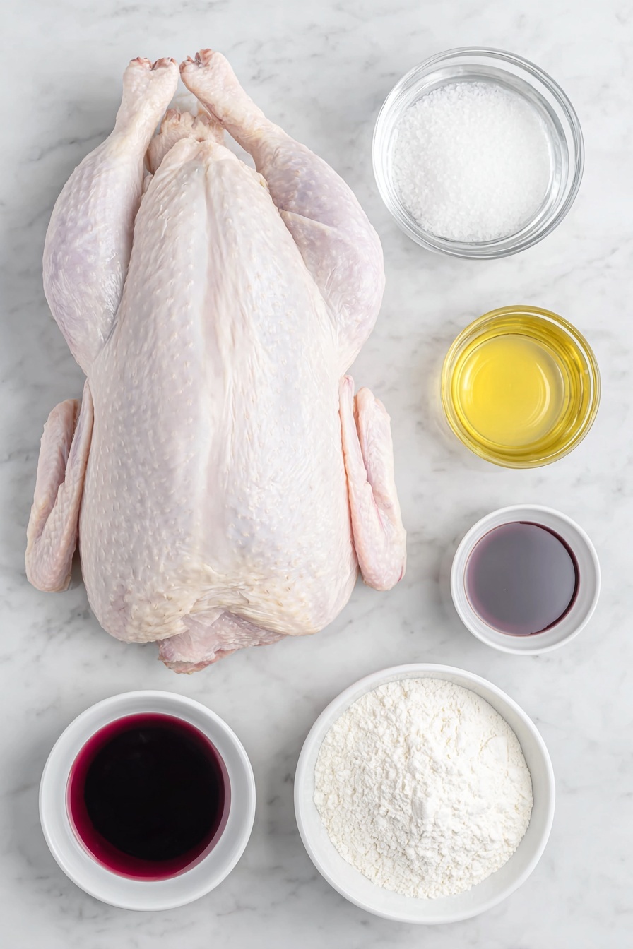 Flat lay of a whole raw goose with fresh natural skin, a small white ceramic bowl of coarse kosher salt, a small white ceramic bowl with golden cooking oil, a small white ceramic bowl filled with clear water, a small white ceramic bowl holding deep red dry red wine, and a small white ceramic bowl containing white cornstarch powder beside a small white ceramic bowl of clear water for mixing, all arranged in perfect symmetry placed on a clean white marble surface, soft natural light, photo taken with an iPhone, professional food photography style, fresh ingredients, white ceramic bowls, no bottles, no duplicates, no utensils, no packaging --ar 2:3 --v 7 --p m7354615311229779997 - Roast Christmas Goose with Delicious Gravy, Christmas goose recipe, holiday roast goose, festive goose with gravy, crispy roast goose