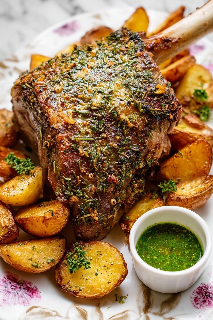 A large cooked meat piece with a white bone sticking out is in the center, covered in herbs and spices making its surface look textured and brown with green specks. Around it are two layers of roasted potato halves, golden brown with some darker grilled marks and crispy edges. Scattered small parsley leaves add green color on top of some potatoes. To the right, a small white cup contains a green sauce with a slick, slightly chunky texture. The whole dish sits on a white plate with a faint floral pattern over a white marbled surface. Photo taken with an iphone --ar 2:3 --v 7 - Roast Leg of Lamb with Mint Sauce, leg of lamb recipe, roasted lamb with mint sauce, Sunday roast lamb, easy lamb dinner