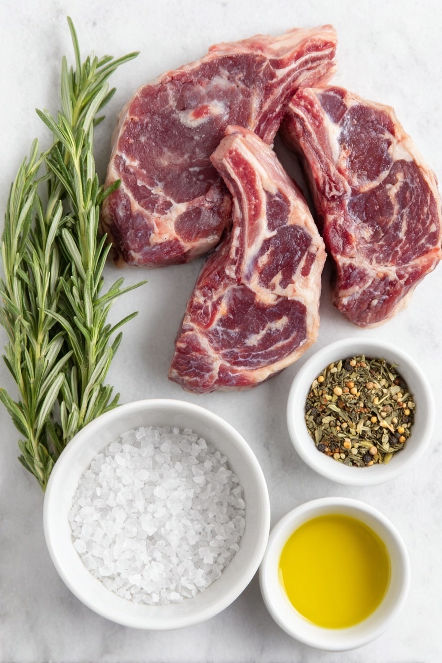 Flat lay of two raw lamb chops with a rich red color and white marbling, a small white ceramic bowl filled with coarse sea salt crystals, a small white ceramic bowl of freshly cracked black peppercorns, a small white ceramic bowl containing golden olive oil, a small bunch of fresh rosemary sprigs with deep green needles, and a small white ceramic bowl holding a blend of mixed dried herbs and spices, all arranged symmetrically on a clean white marble surface, soft natural light, photo taken with an iPhone, professional food photography style, fresh ingredients, white ceramic bowls, no bottles, no duplicates, no utensils, no packaging --ar 2:3 --v 7 --p m7354615311229779997 - Broiled Lamb Chops with Marinade, Lamb Chop Marinade Recipe, Quick Lamb Chops, Juicy Lamb Chops, Elegant Lamb Dinner