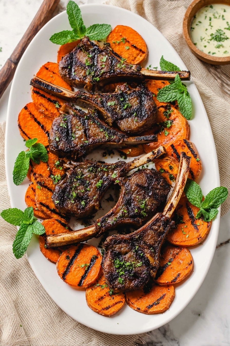 A white oval plate holds six grilled lamb chops, each with a dark brown, slightly charred texture and green herb sprinkles on top. Around and between the lamb chops, there are many slices of grilled orange sweet potato with visible grill marks. Fresh green mint leaves are placed on two sides of the plate for decoration. The plate sits on a white marbled surface with a beige cloth underneath on one side. A small bowl with a light cream sauce garnished with green herbs is partly visible in the background. Photo taken with an iphone --ar 2:3 --v 7 - Broiled Lamb Chops with Marinade, Lamb Chop Marinade Recipe, Quick Lamb Chops, Juicy Lamb Chops, Elegant Lamb Dinner
